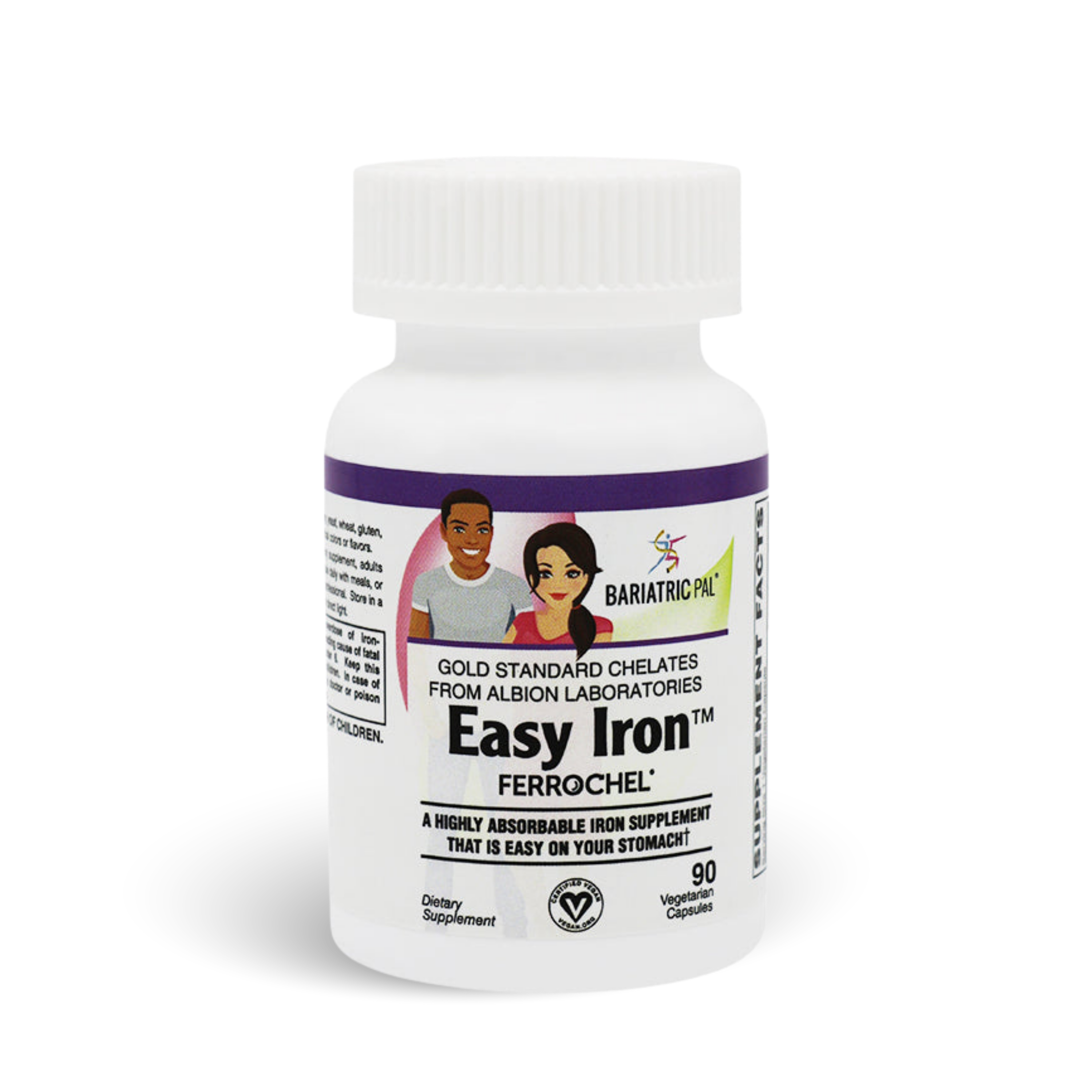Bottle of BariatricPal Easy Iron with Ferrochel, a highly absorbable iron supplement designed to be gentle on the stomach. Contains 90 vegetarian capsules.