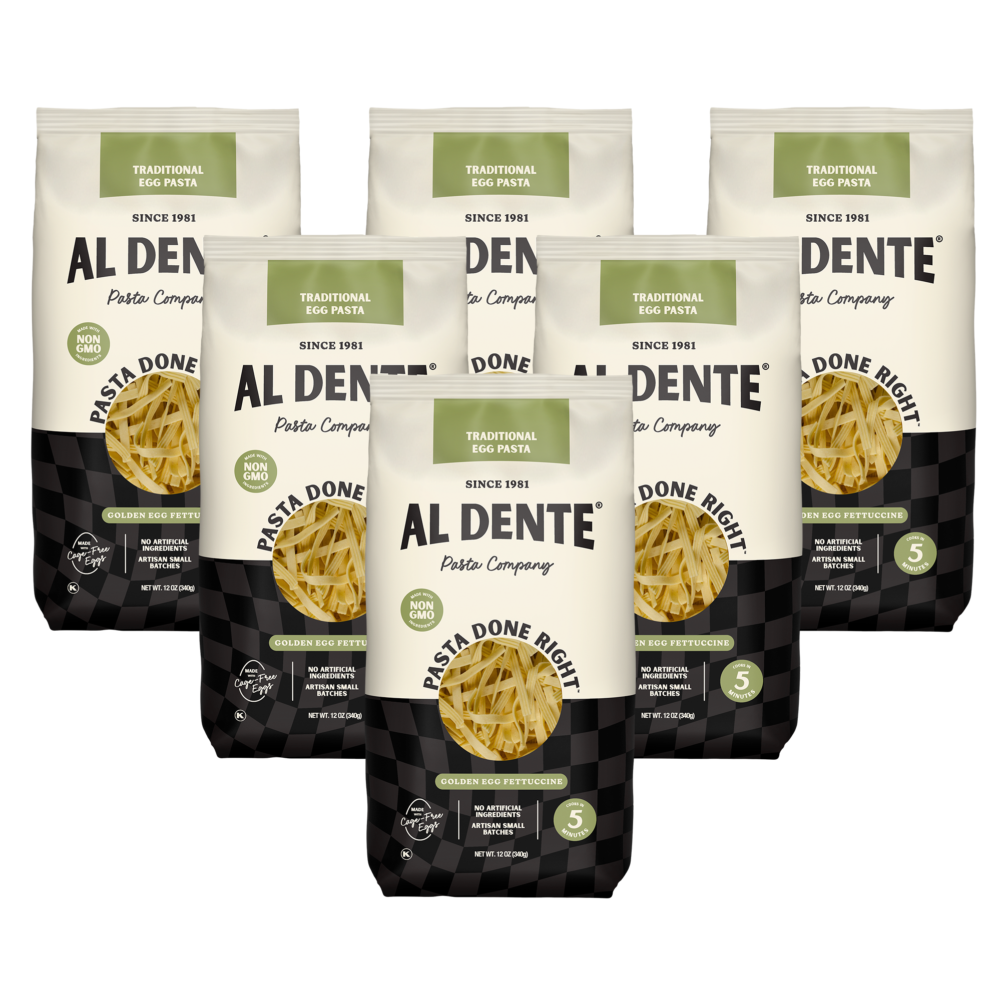 Six bags of Al Dente traditional egg pasta are displayed, featuring a black and white checkered design, with labels highlighting "Pasta Done Right" and "Non-GMO" since 1981.