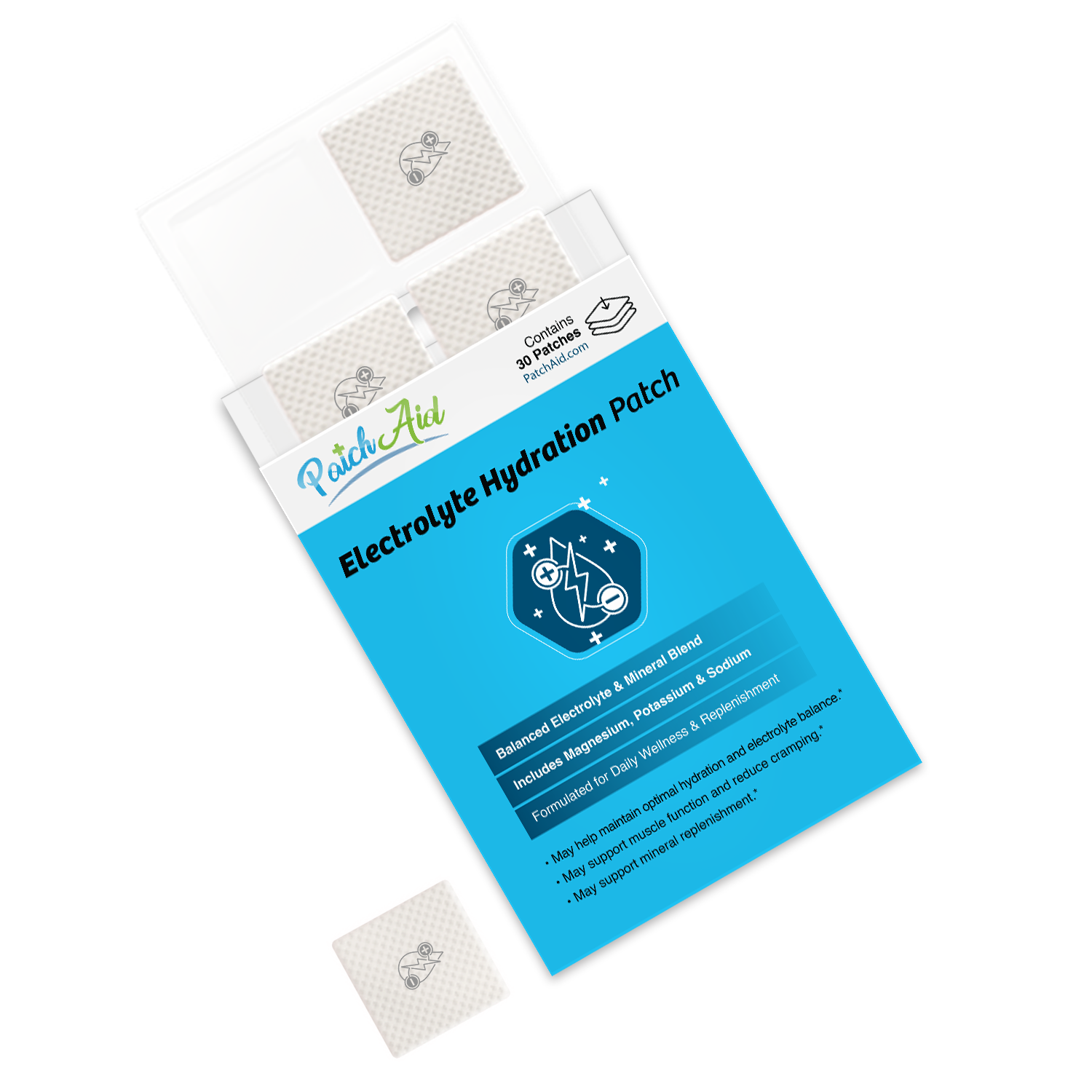 A pack of PatchAid Electrolyte Hydration Patches is displayed, featuring a blue label with product information, alongside one patch on a white background, emphasizing hydration and mineral balance.