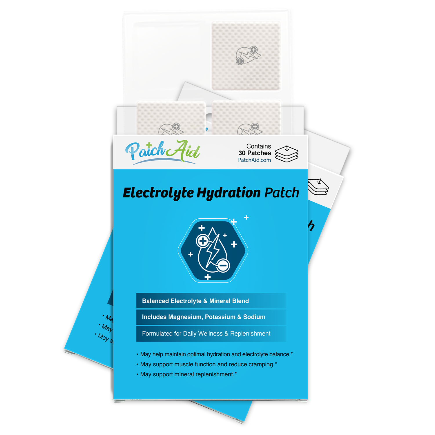 A blue and white packaging for PatchAid's Electrolyte Hydration Patch displays the product name and benefits, with several patches visible in a transparent tray behind it.