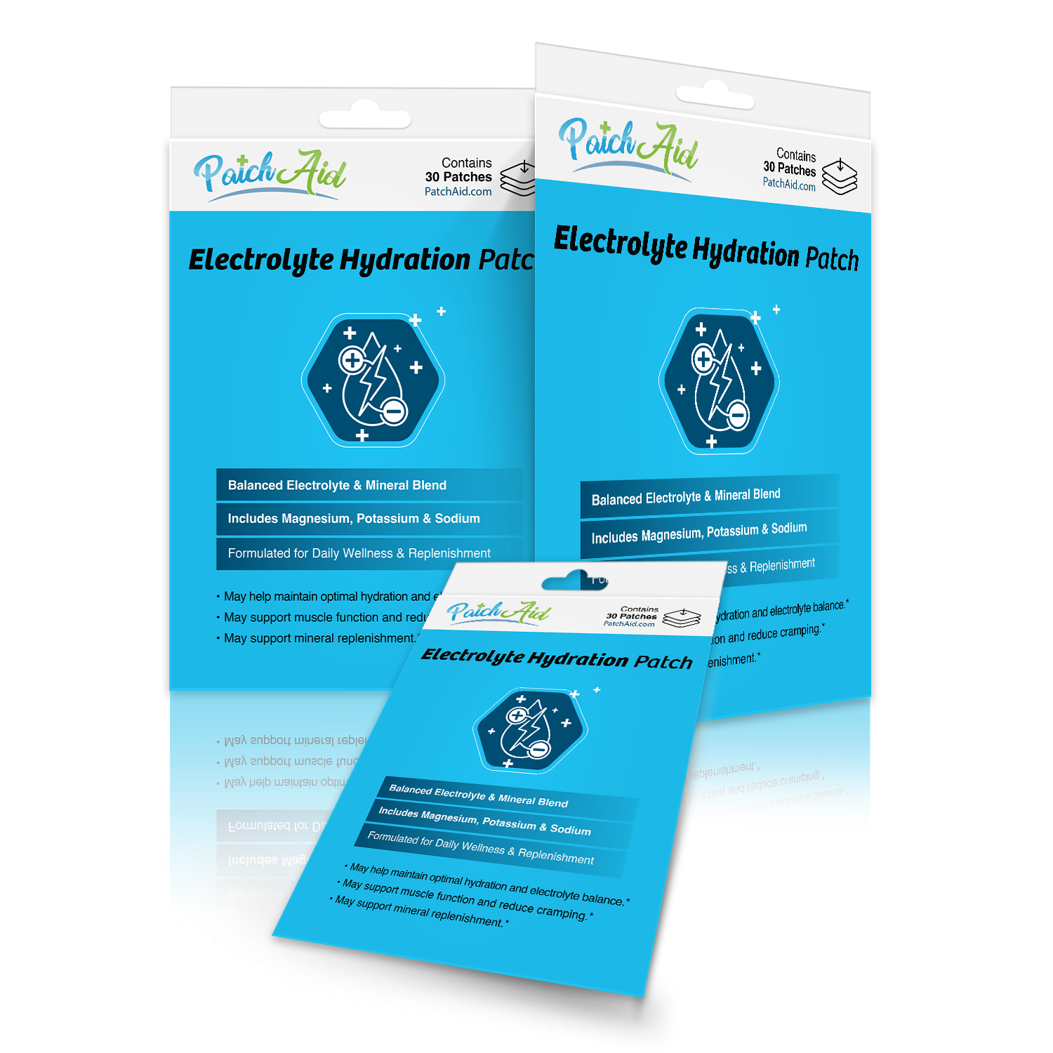 Three packages of PatchAid Electrolyte Hydration Patches are displayed, featuring a blue background, product information, and icons representing hydration and minerals like magnesium, potassium, and sodium.