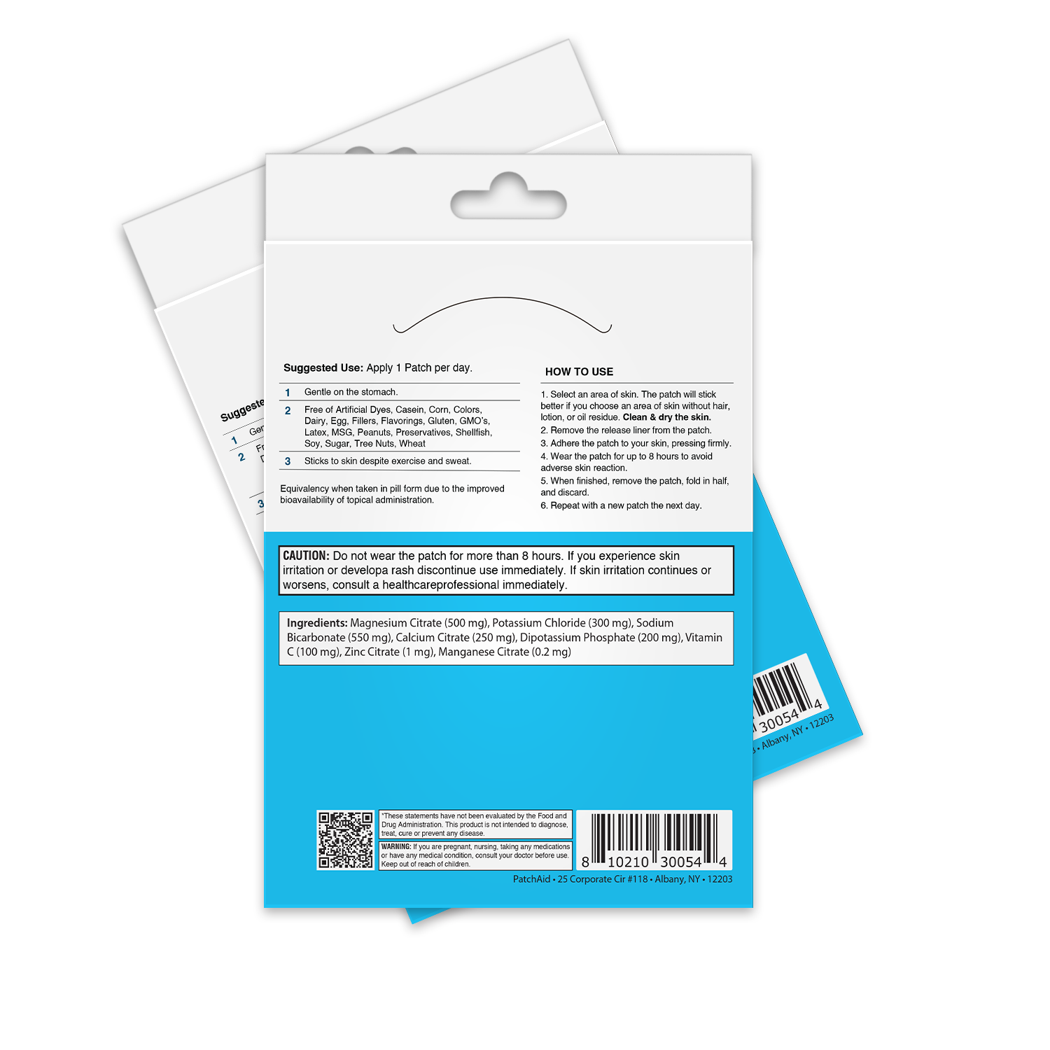 A colorful product packaging for a daily use patch, featuring instructions and ingredients on the back, with a focus on health benefits and application guidelines.