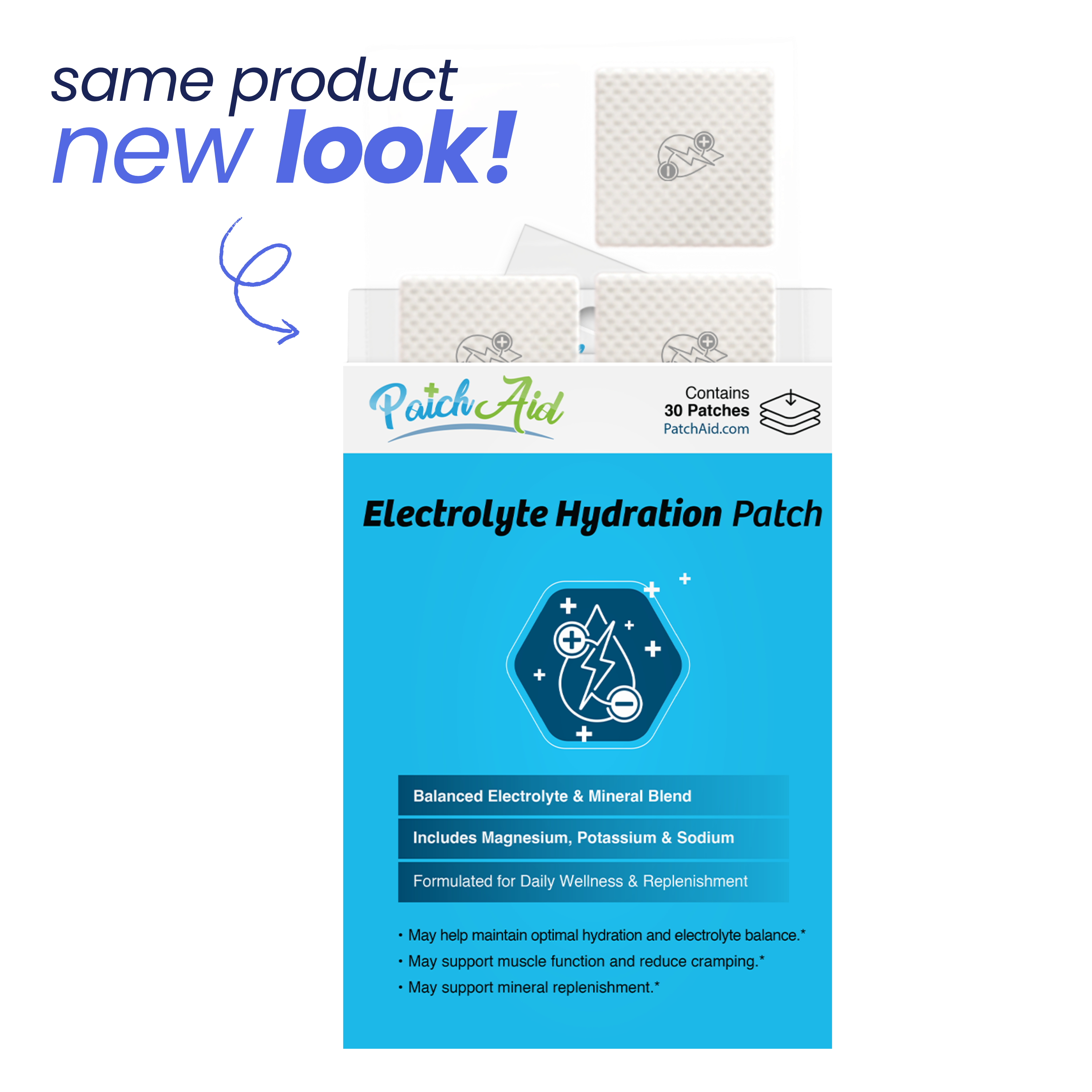 Patch Aid Electrolyte Hydration Patch packaging with text 'same product new look'.