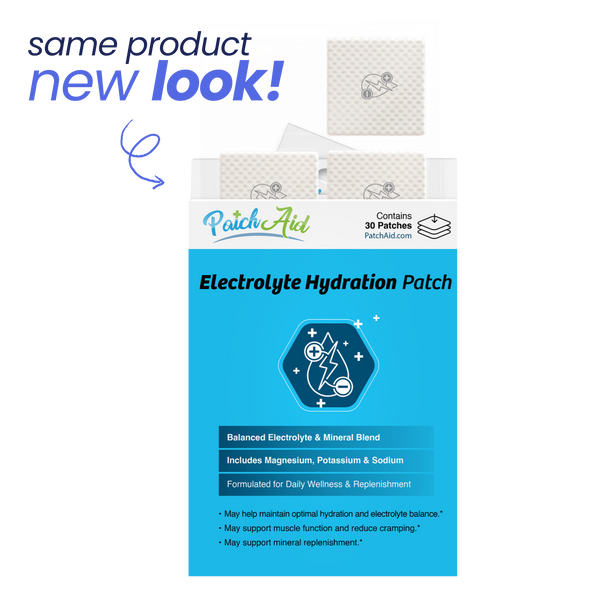 Patch Aid Electrolyte Hydration Patch packaging with text 'same product new look'.