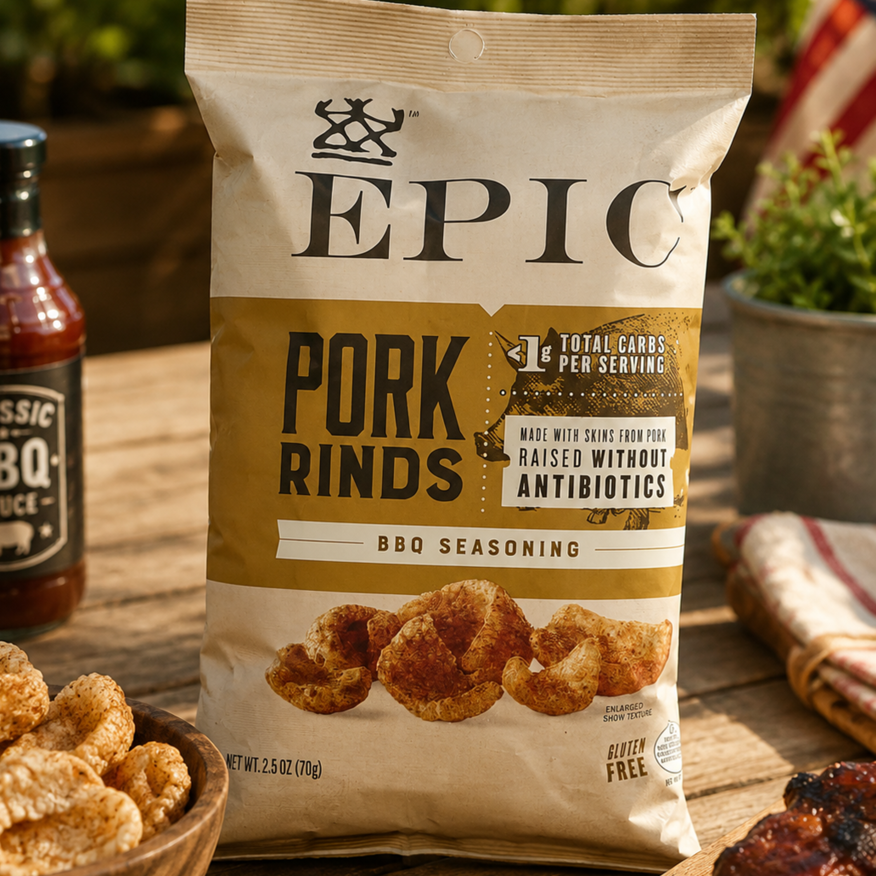 Bag of Epic Pork Rinds BBQ seasoning on a wooden table with a bottle of BBQ sauce.