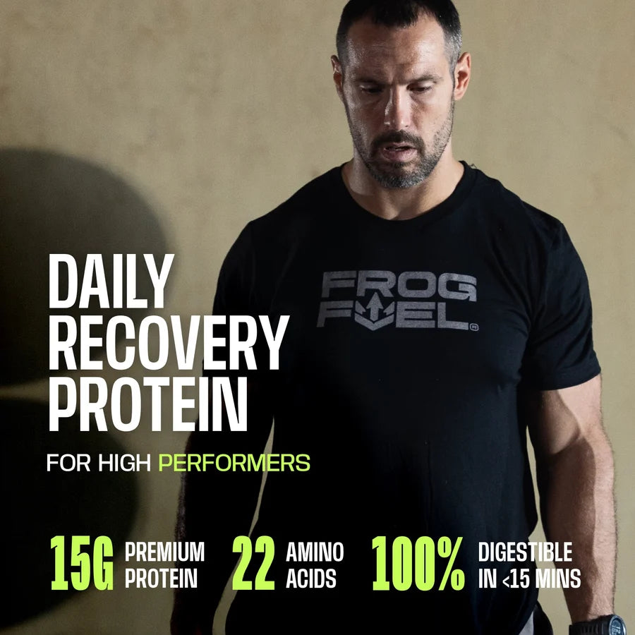 A man in a black t-shirt stands with a focused expression, promoting a protein product with text highlighting its benefits, including 15 grams of protein and quick digestibility, set against a neutral background.