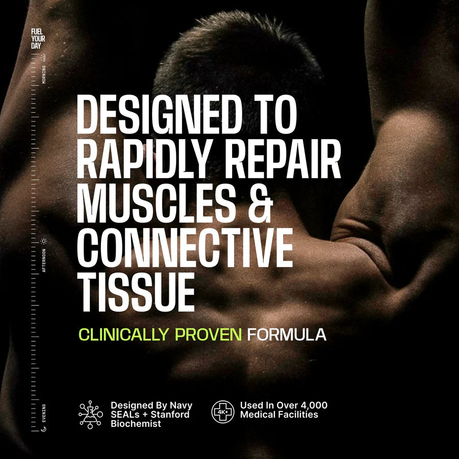 A close-up of a muscular back highlights text promoting a clinically proven formula designed to rapidly repair muscles and connective tissue, emphasizing its use in over 4,000 medical facilities.