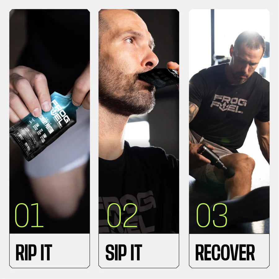 A man in a black shirt demonstrates three steps for using a sports nutrition product: opening the package, drinking from it, and recovering while seated, in a gym setting.