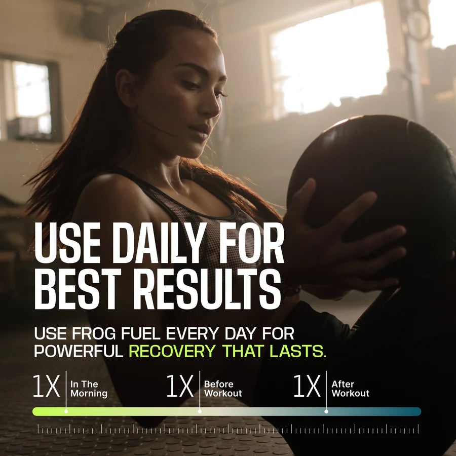 A woman in a fitness setting is focused on holding a medicine ball, with text promoting daily use of Frog Fuel for effective recovery before and after workouts.