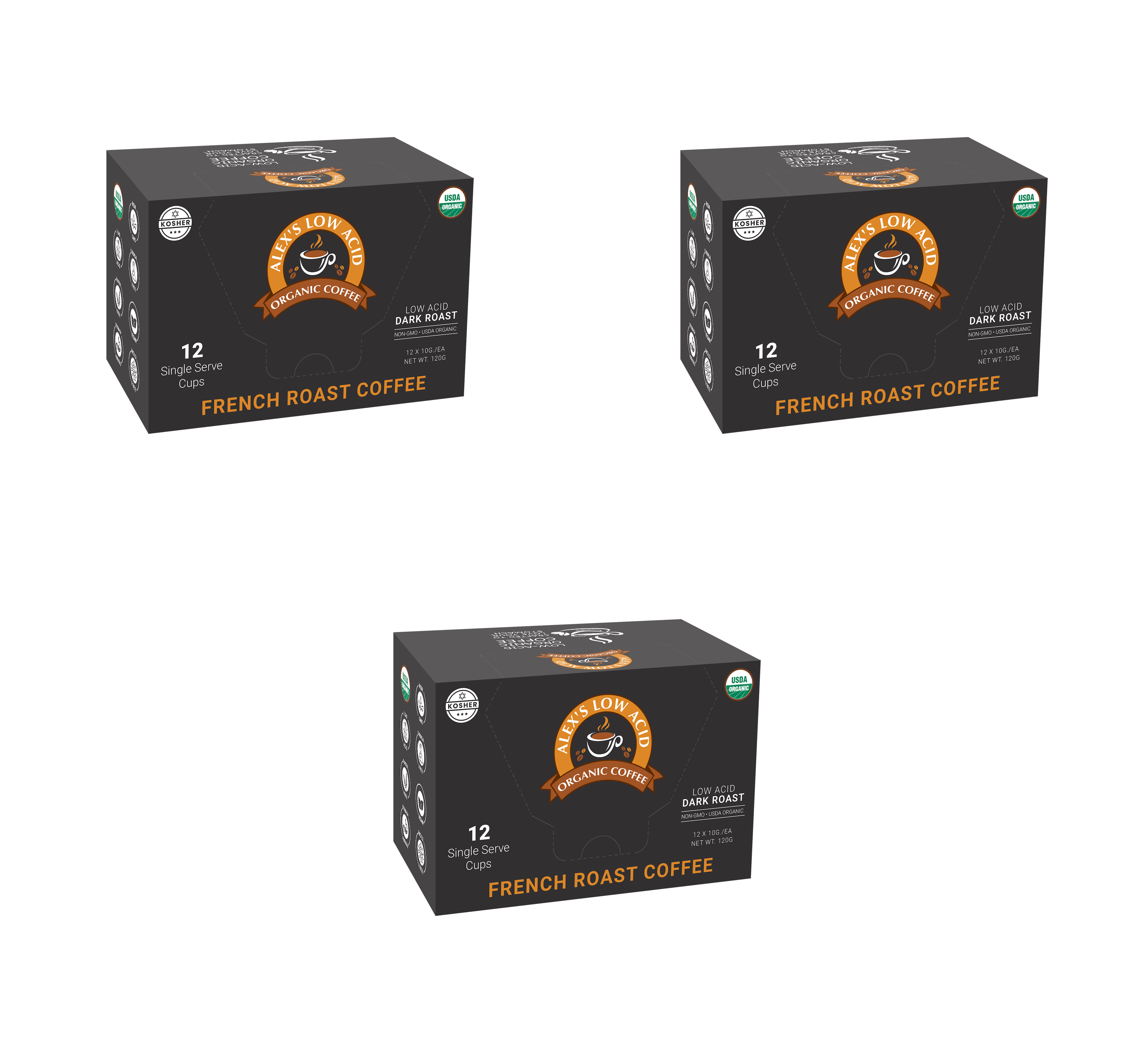 Three boxes of "Alex's Low Acid Organic Coffee" are displayed, each containing 12 single-serve cups of dark roast French coffee, featuring a black design with orange and white text.