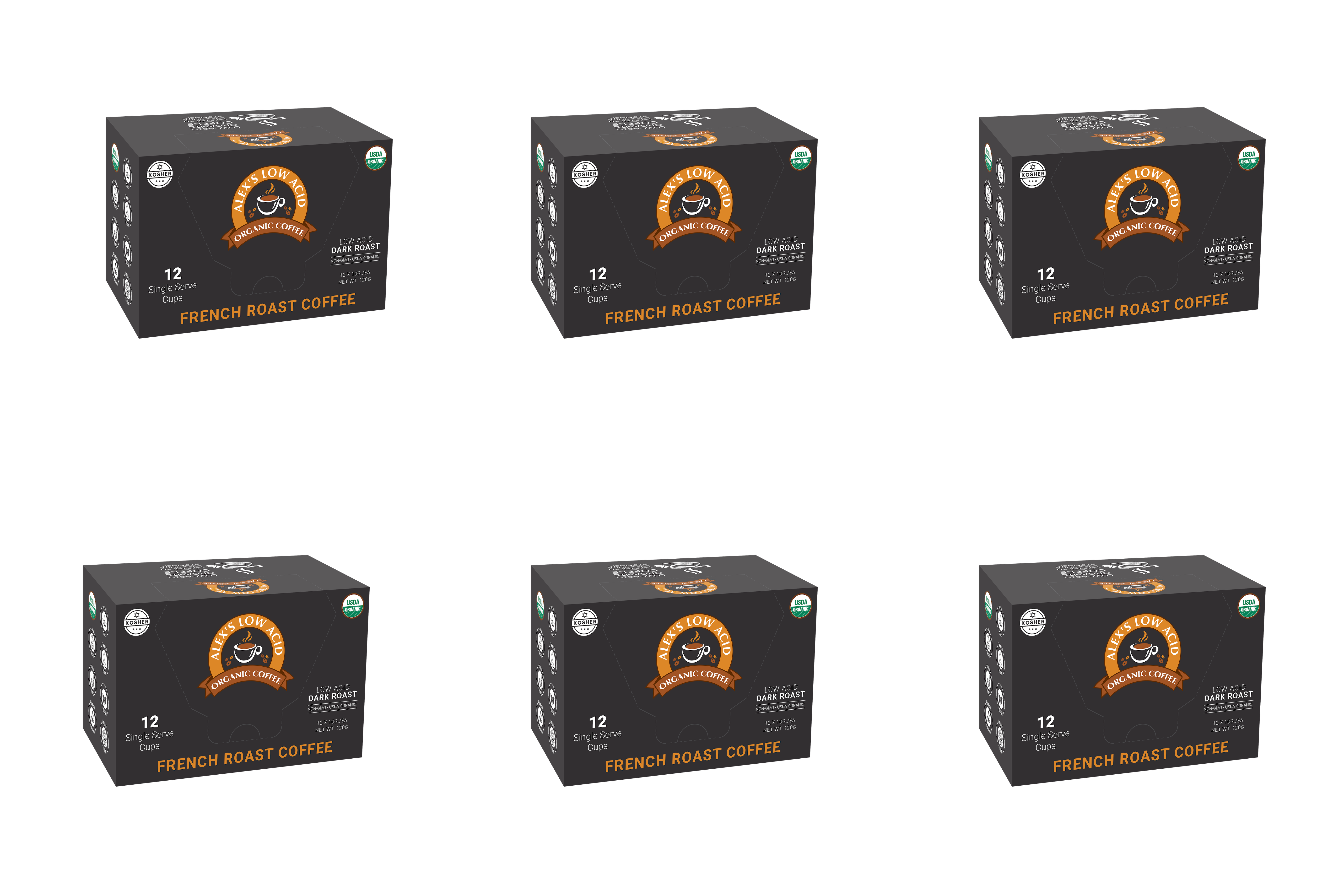 Six boxes of Alex's Low Acid Organic Coffee are arranged in two rows, each labeled "French Roast Coffee" with details about single-serve cups and organic certification.