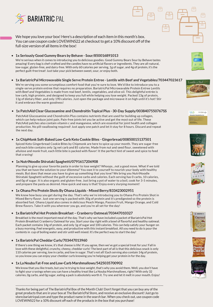 A colorful product box features various health-focused food items, including gummy bears, protein entrees, snacks, and supplements, with descriptions of each item and promotional coupon details.