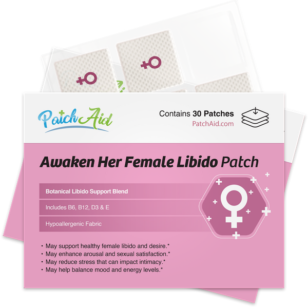 A pink packaging for "Awaken Her Female Libido Patch" displays details about its botanical support blend, including benefits for libido, mood, and energy, alongside an illustration of a female symbol.