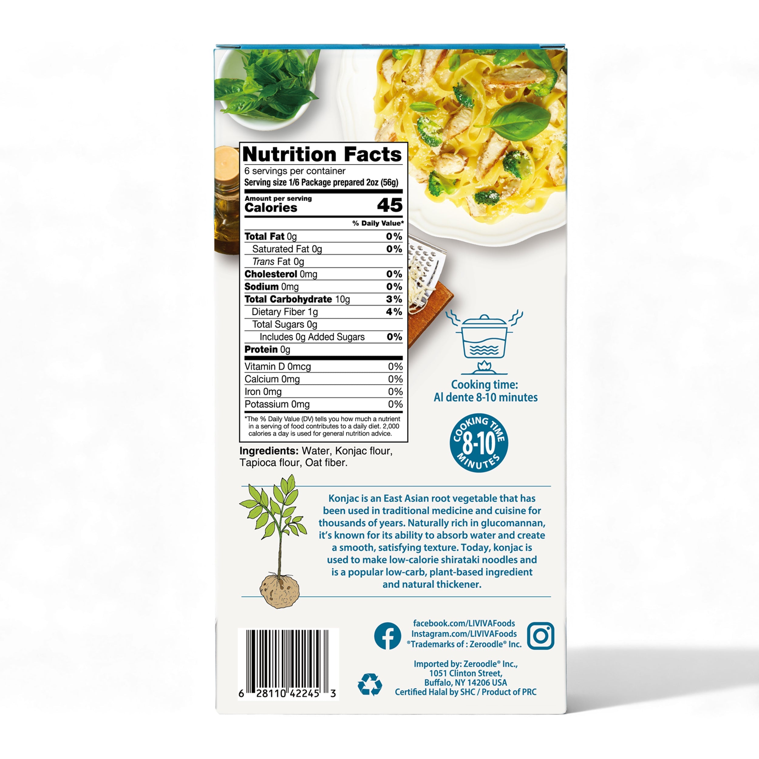 A product packaging displays nutrition facts and cooking instructions for konjac noodles, highlighting ingredients, serving size, and a description of konjac as a low-calorie, plant-based ingredient.