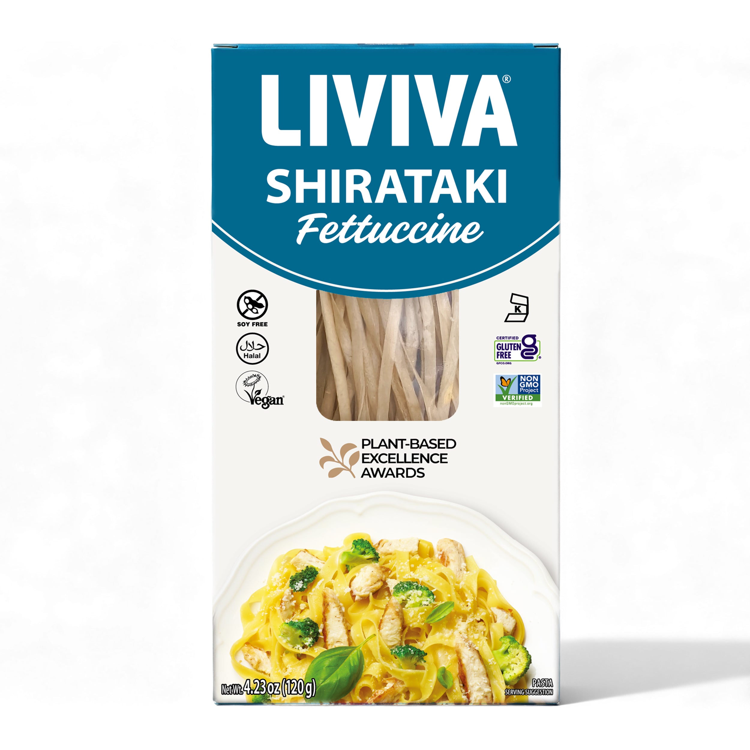 A package of Liviva Shirataki Fettuccine displays the noodles inside a clear window, with a cooked dish featuring fettuccine, chicken, and vegetables on the front, highlighting its plant-based and vegan certifications.