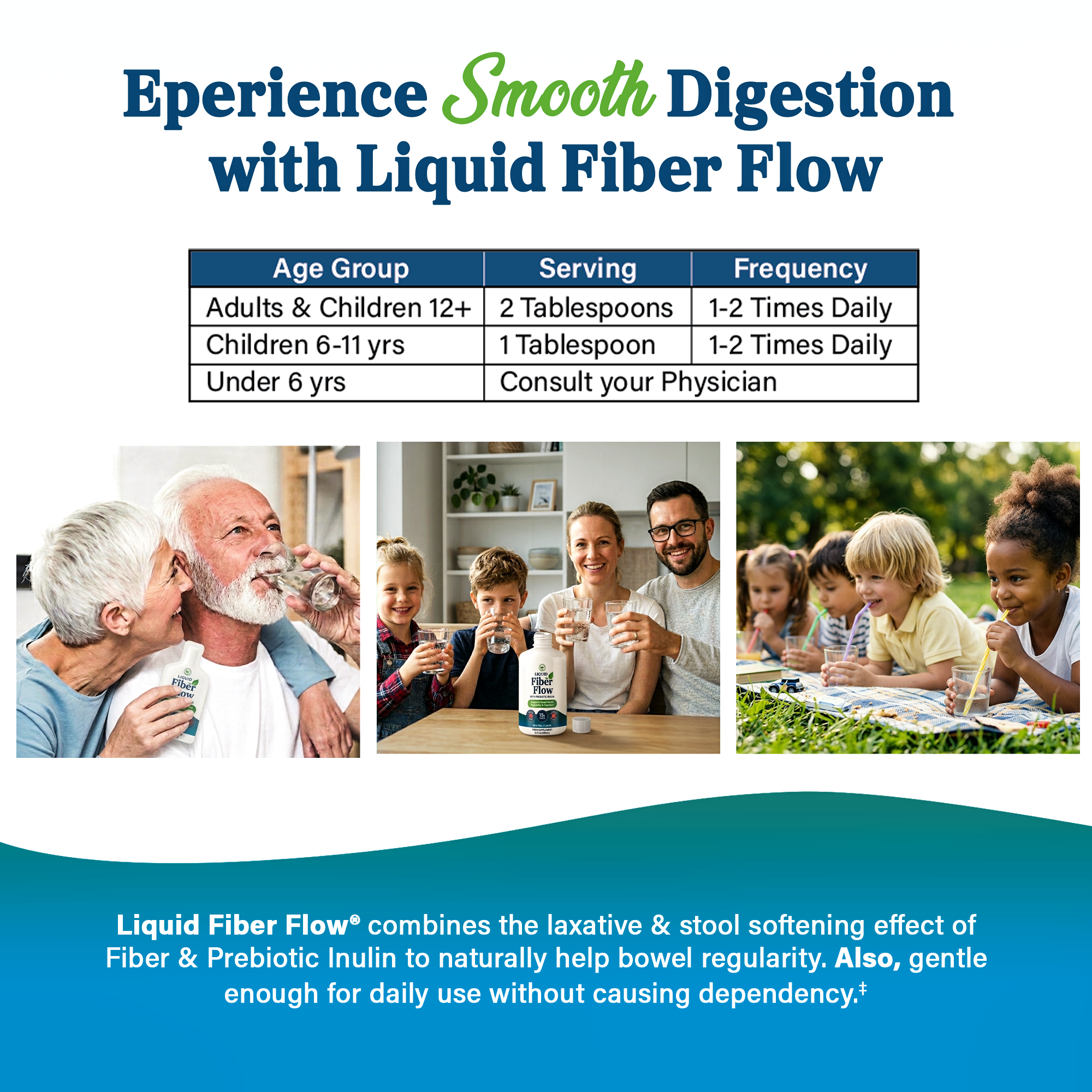 A diverse group of adults and children are enjoying drinks together in a cozy indoor setting and a sunny outdoor picnic, promoting the benefits of Liquid Fiber Flow for smooth digestion.