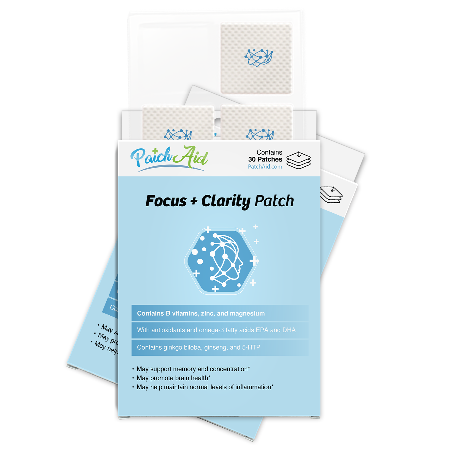 A colorful product box for PatchAid's Focus + Clarity Patch displays the product name and benefits, with patches visible inside, highlighting ingredients like B vitamins and ginkgo biloba.