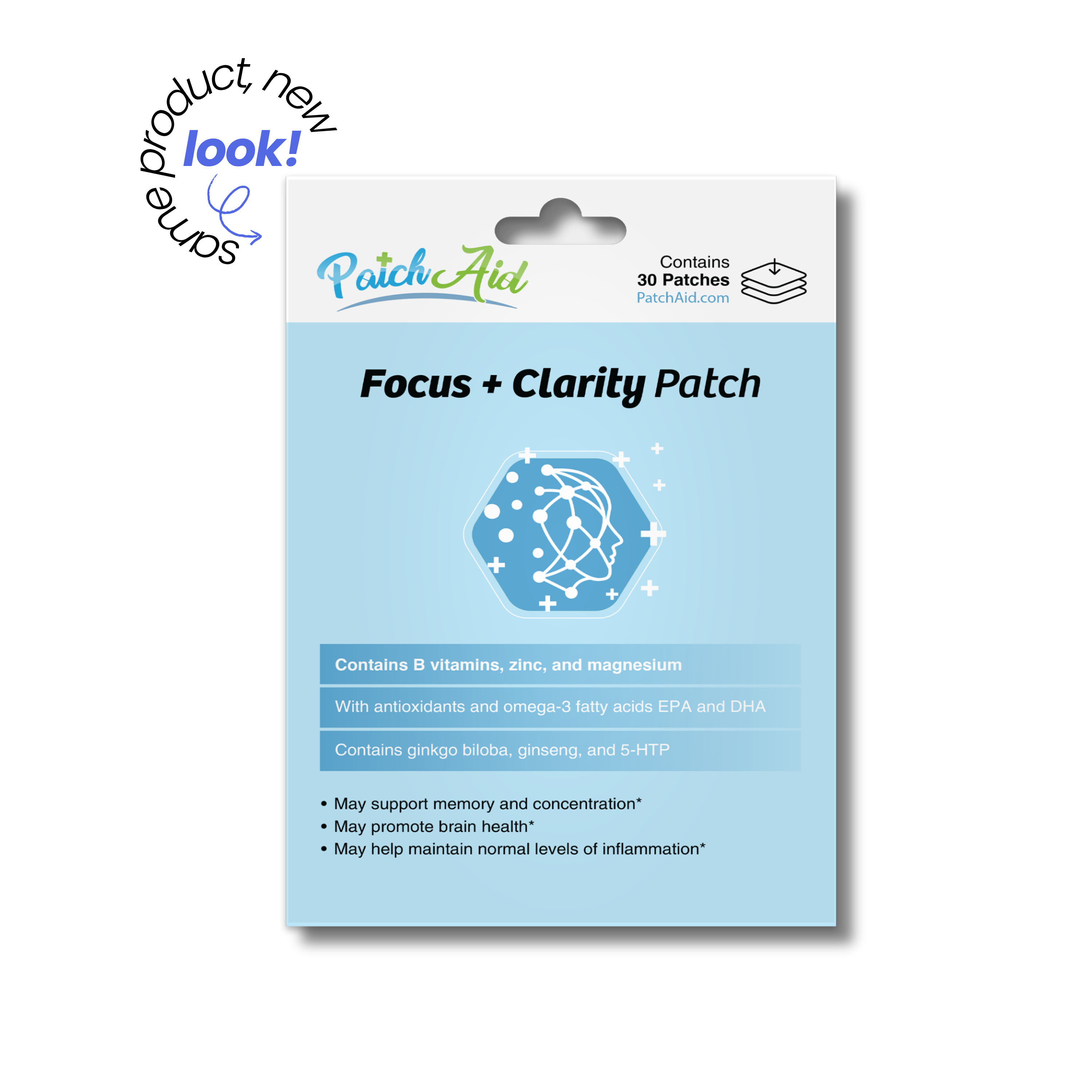 PatchAid Focus + Clarity Patches with B vitamins, zinc, magnesium, omega-3s, ginkgo biloba, ginseng and 5-HTP. Contains 30 patches.