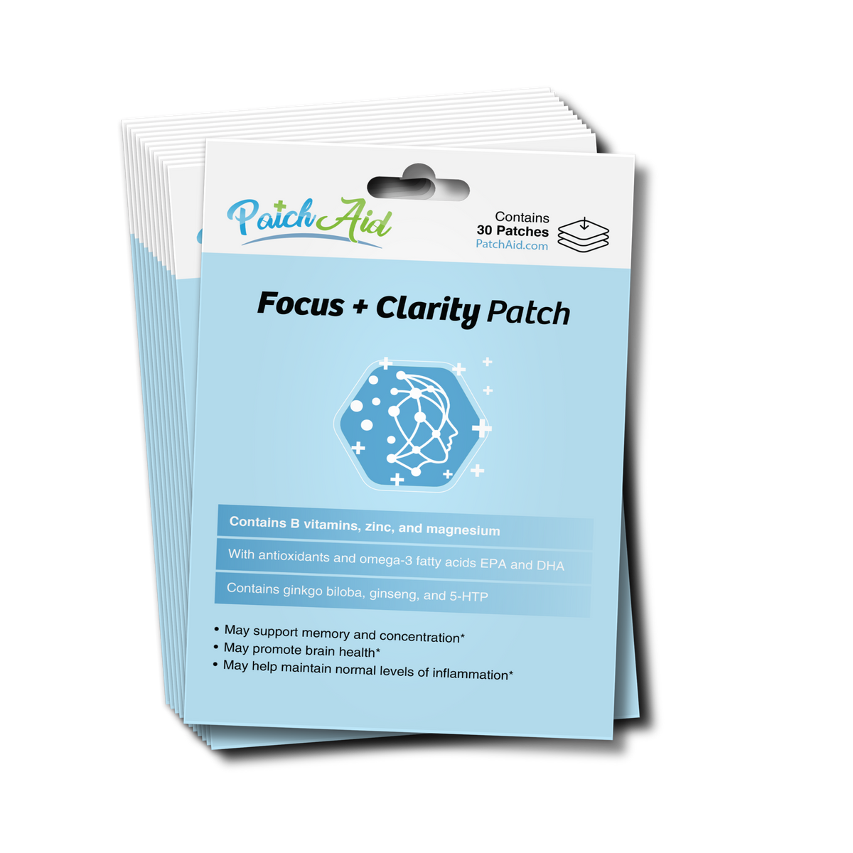 A package of "Focus + Clarity Patches" from PatchAid, featuring a blue background, lists ingredients like B vitamins and ginkgo biloba, and highlights benefits for memory and brain health.