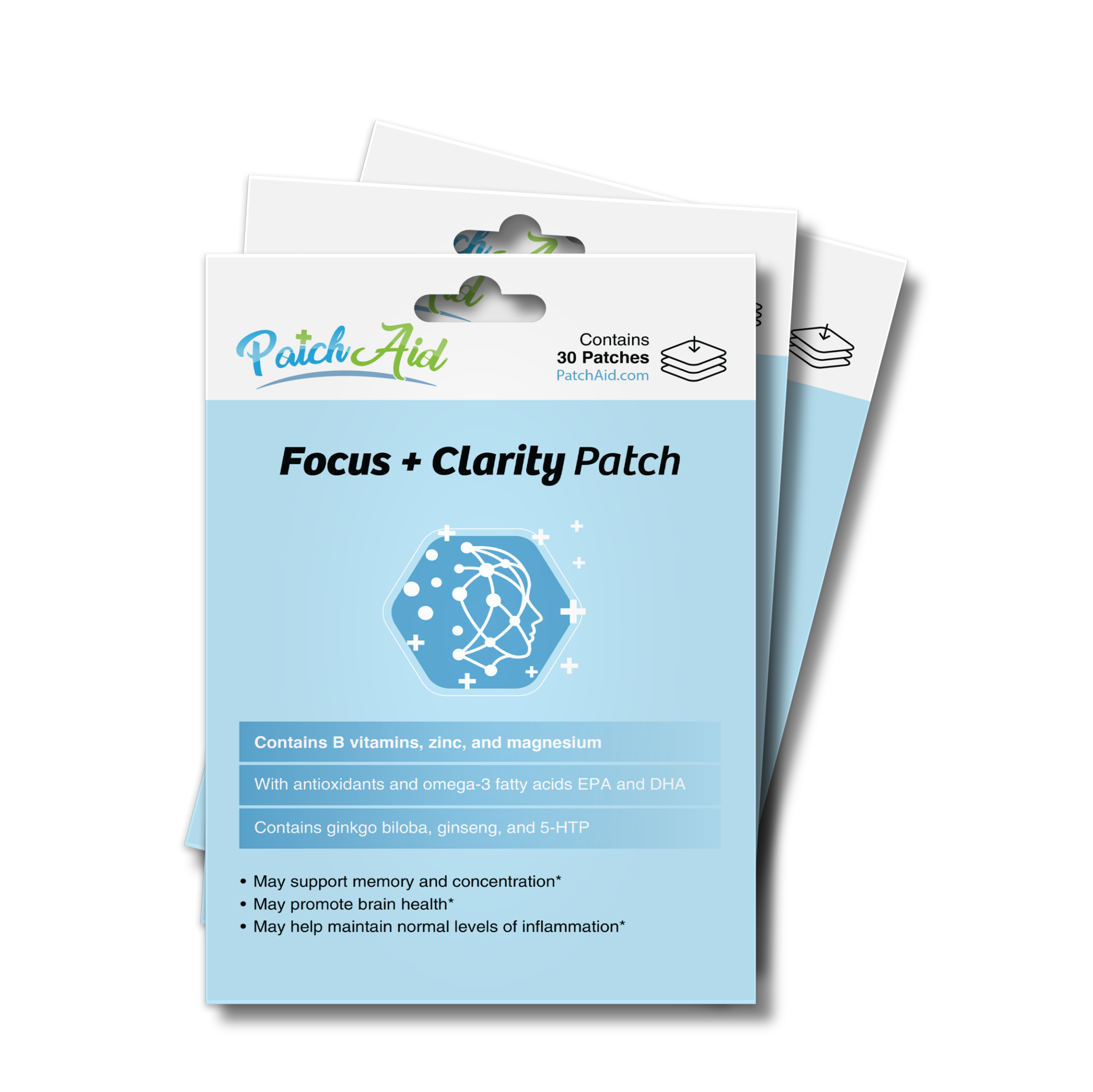 Three packages of PatchAid's Focus + Clarity Patch are displayed, featuring a light blue background, a hexagonal graphic, and text highlighting ingredients and benefits for memory and concentration support.