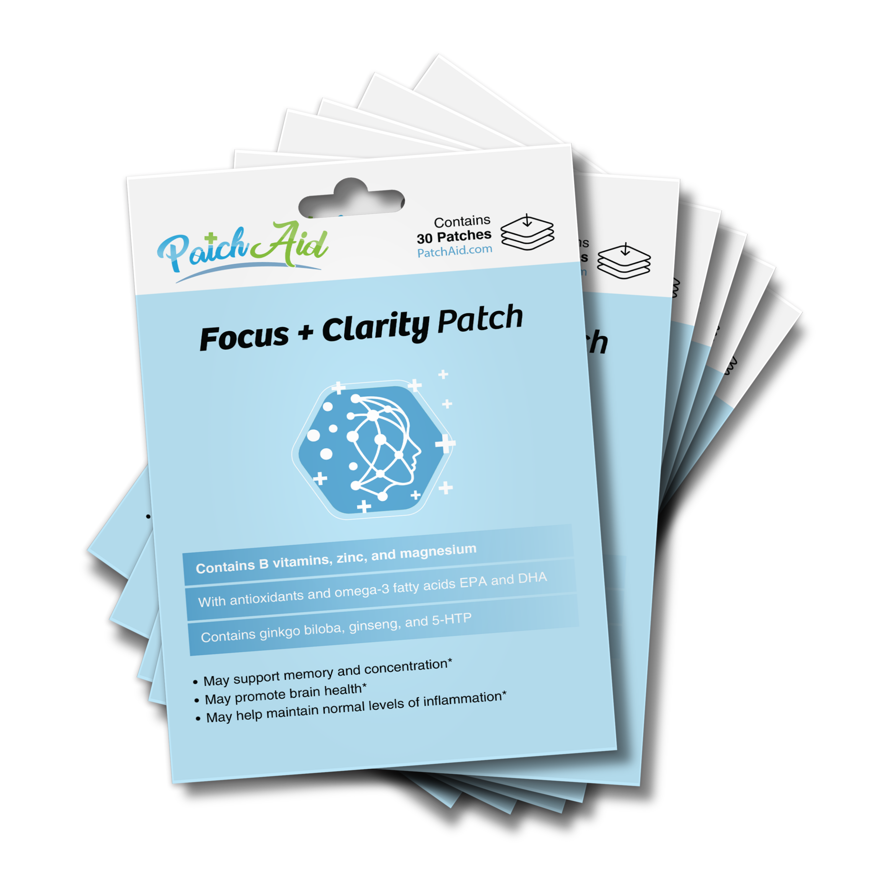 A stack of product packaging for "Focus + Clarity Patch" featuring a blue background, a graphic of a head with interconnected lines, and text highlighting its ingredients and benefits for brain health.