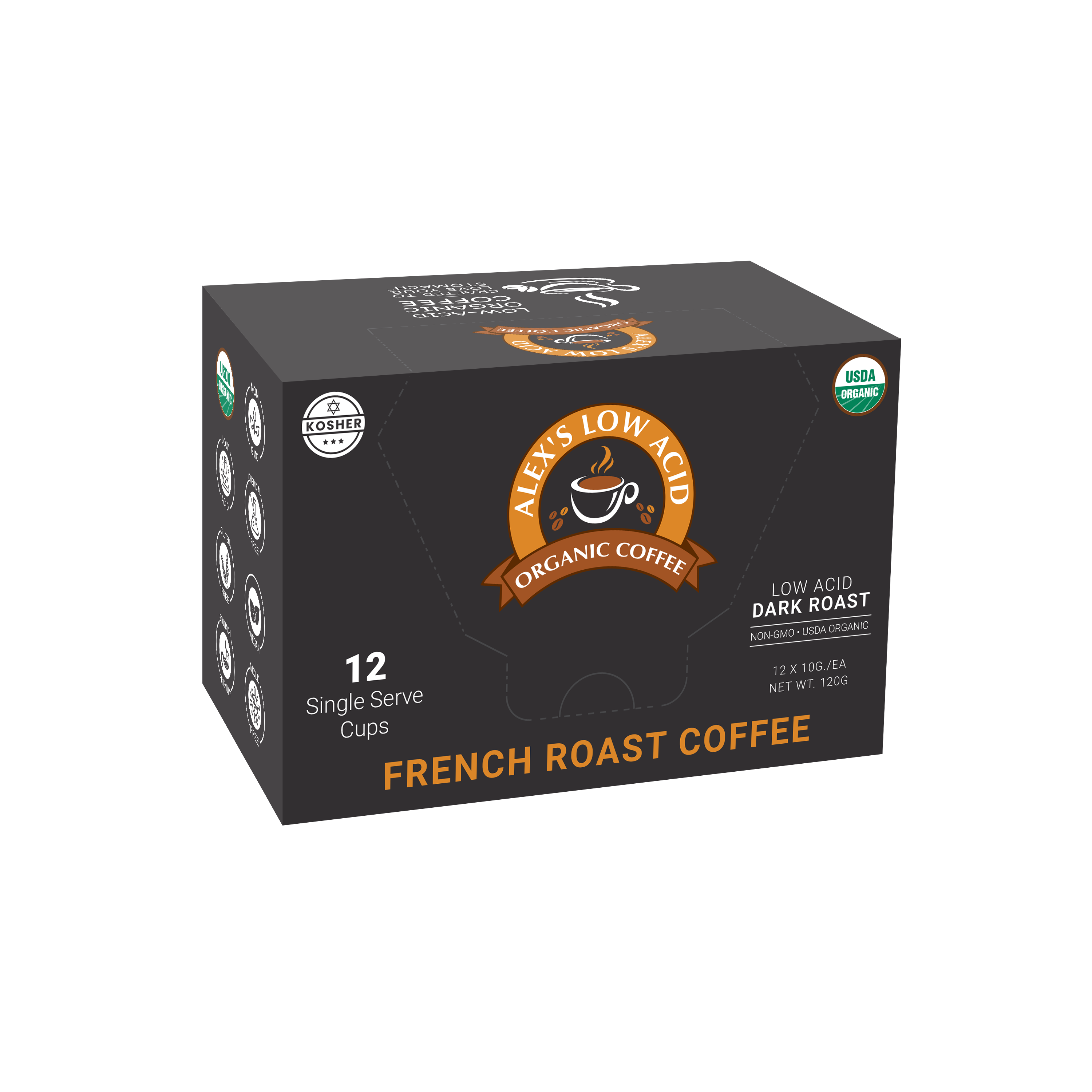 A black box of Alex's Low Acid Organic Coffee features a logo and text indicating it contains 12 single-serve cups of low acid dark roast French coffee, with USDA Organic and kosher certification symbols.