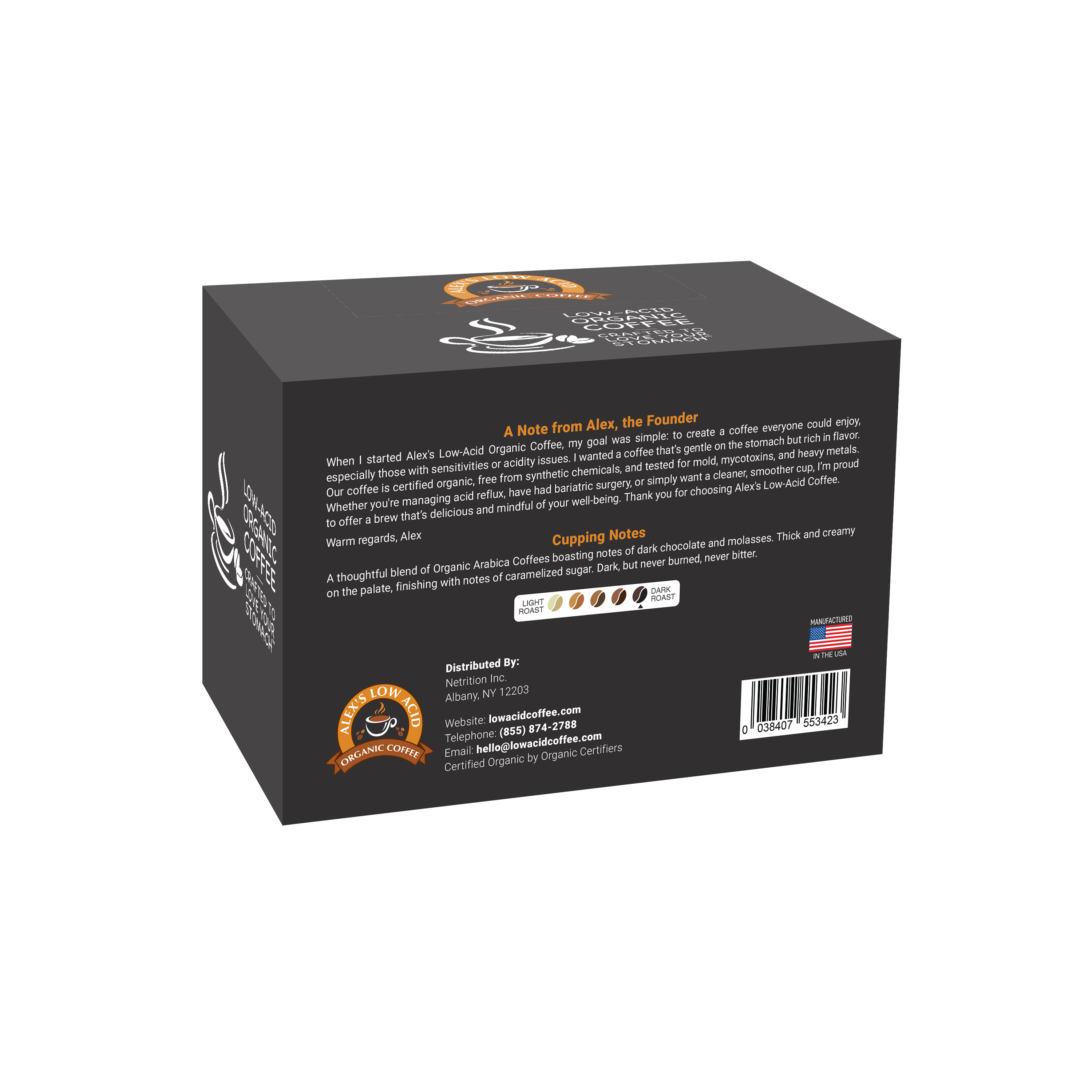 A black coffee box features a note from the founder, Alex, explaining the low-acid organic coffee's benefits, with tasting notes and contact information displayed on the back.