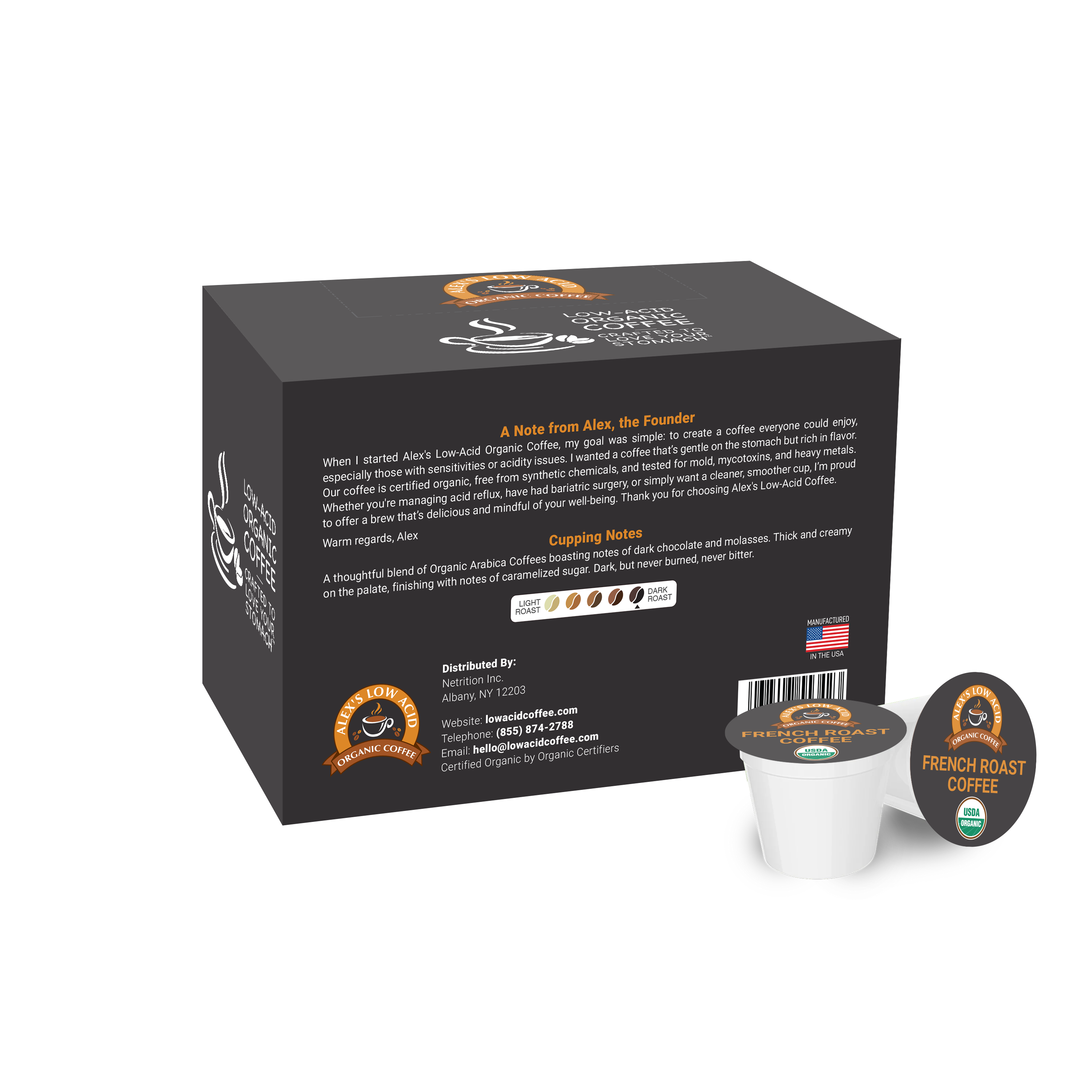 A black box of Alex's Low-Acid Organic Coffee features a note from the founder, details about the coffee blend, and a single white coffee pod labeled "French Roast Coffee."