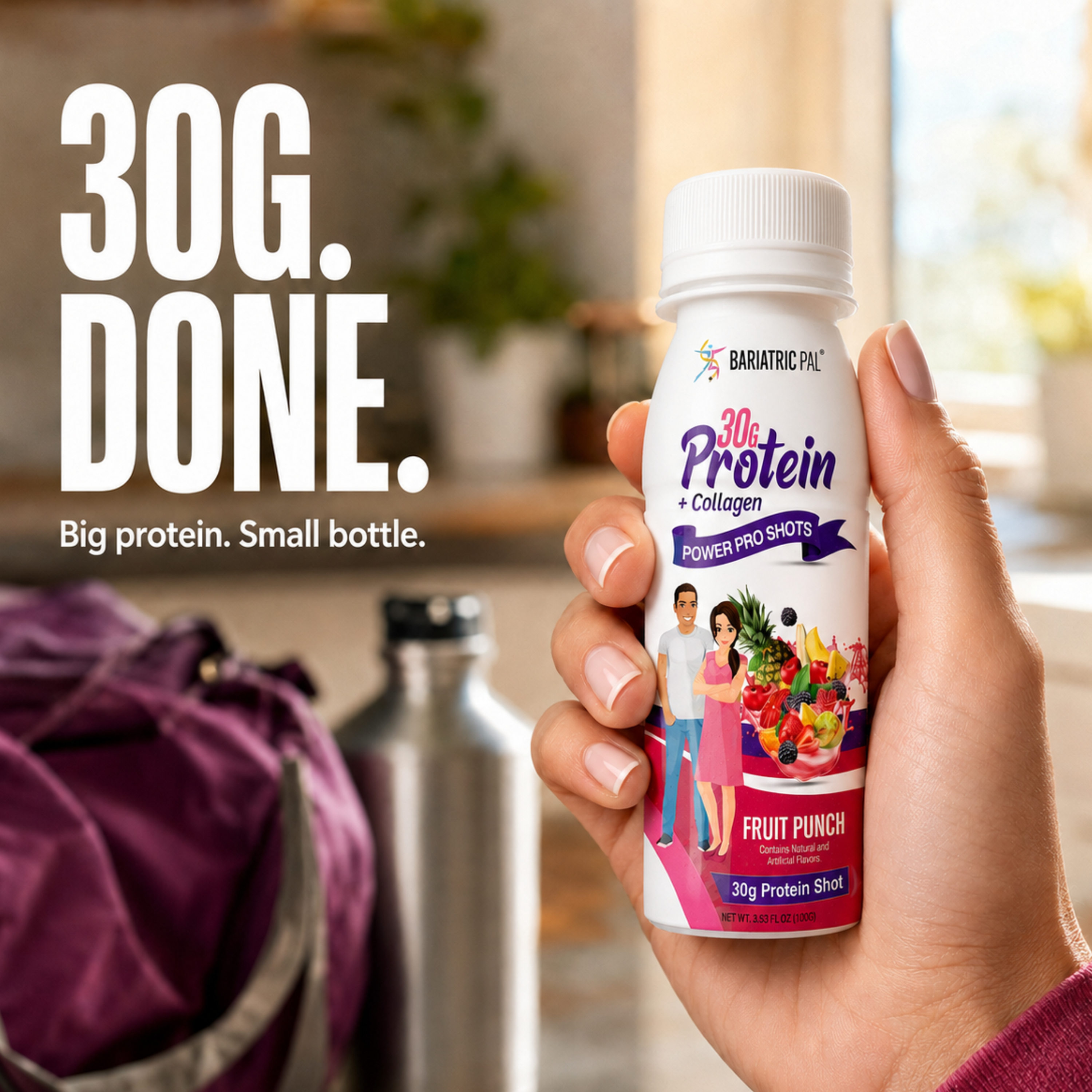 BariatricPal Fruit Punch + Collagen Power Shot with 30 grams of protein in a 3-fluid-ounce bottle.