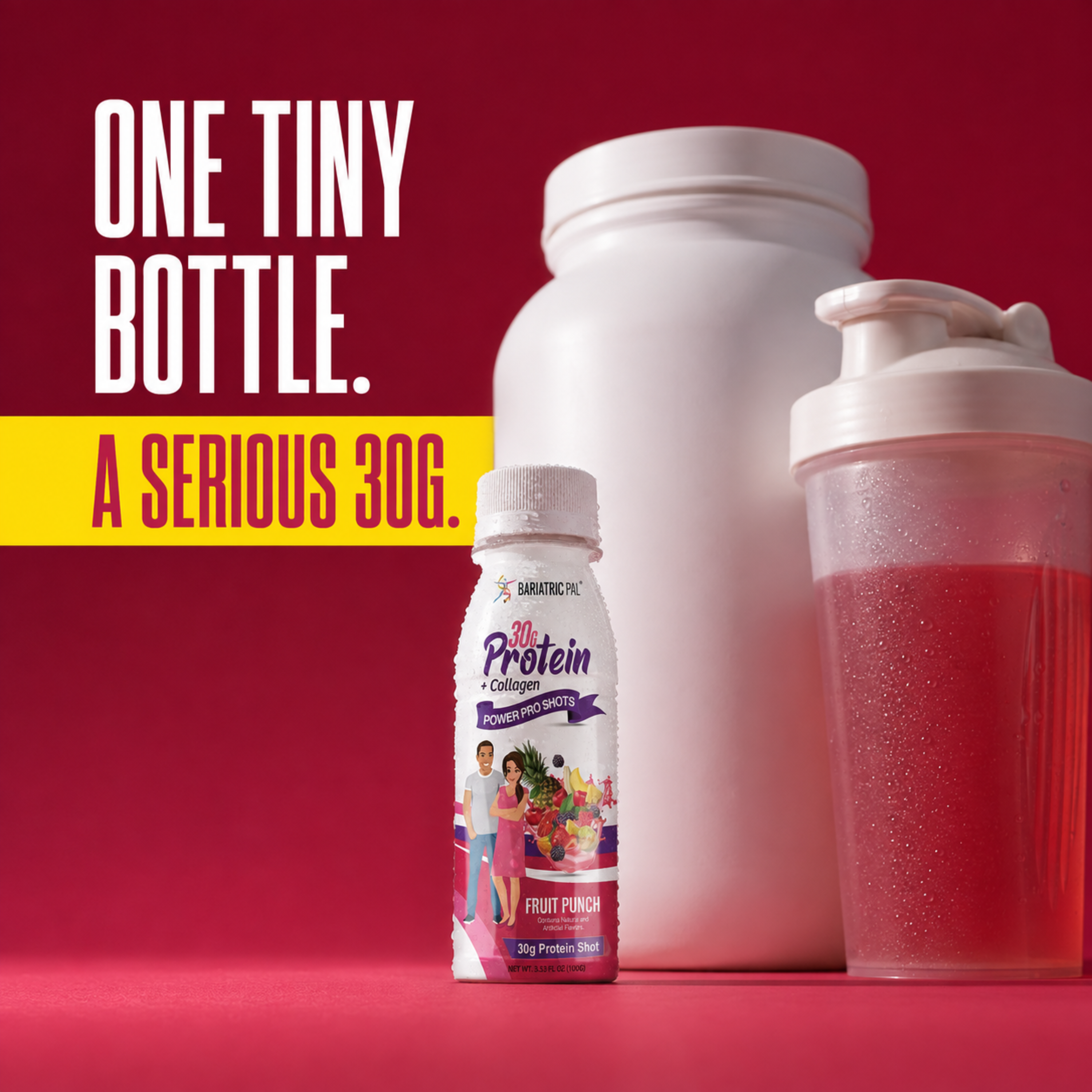 BariatricPal Fruit Punch + Collagen Power Shot with 30 grams of protein in a 3-fluid-ounce bottle.