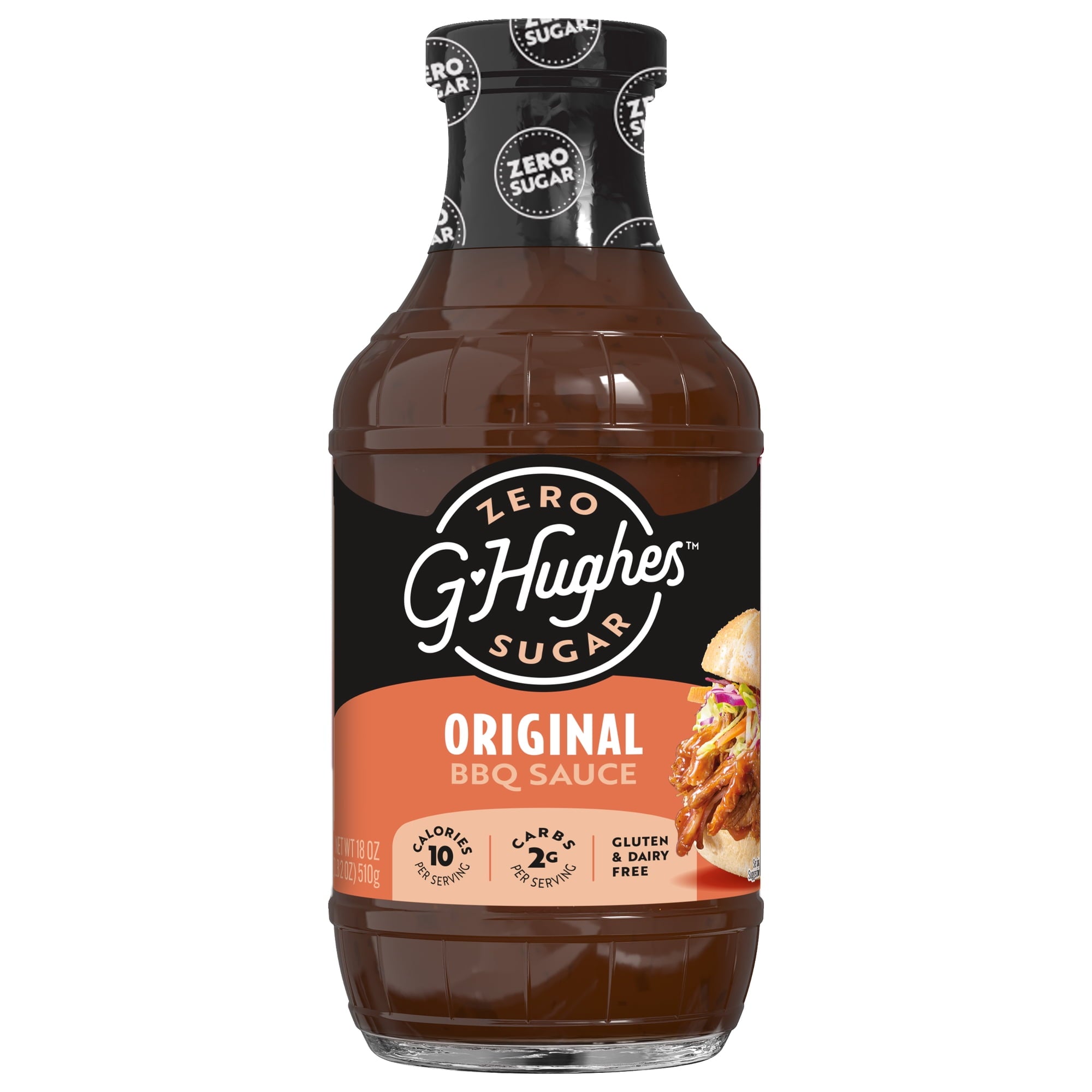 A clear bottle of G. Hughes Original BBQ Sauce, labeled "Zero Sugar," showcases its nutritional information and highlights that it is gluten and dairy-free.