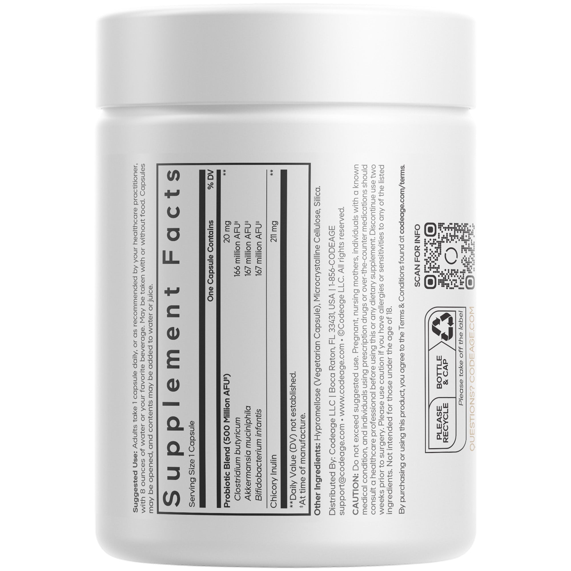 A white supplement container displays detailed supplement facts, including ingredients and serving size, with a QR code for additional information on the side.