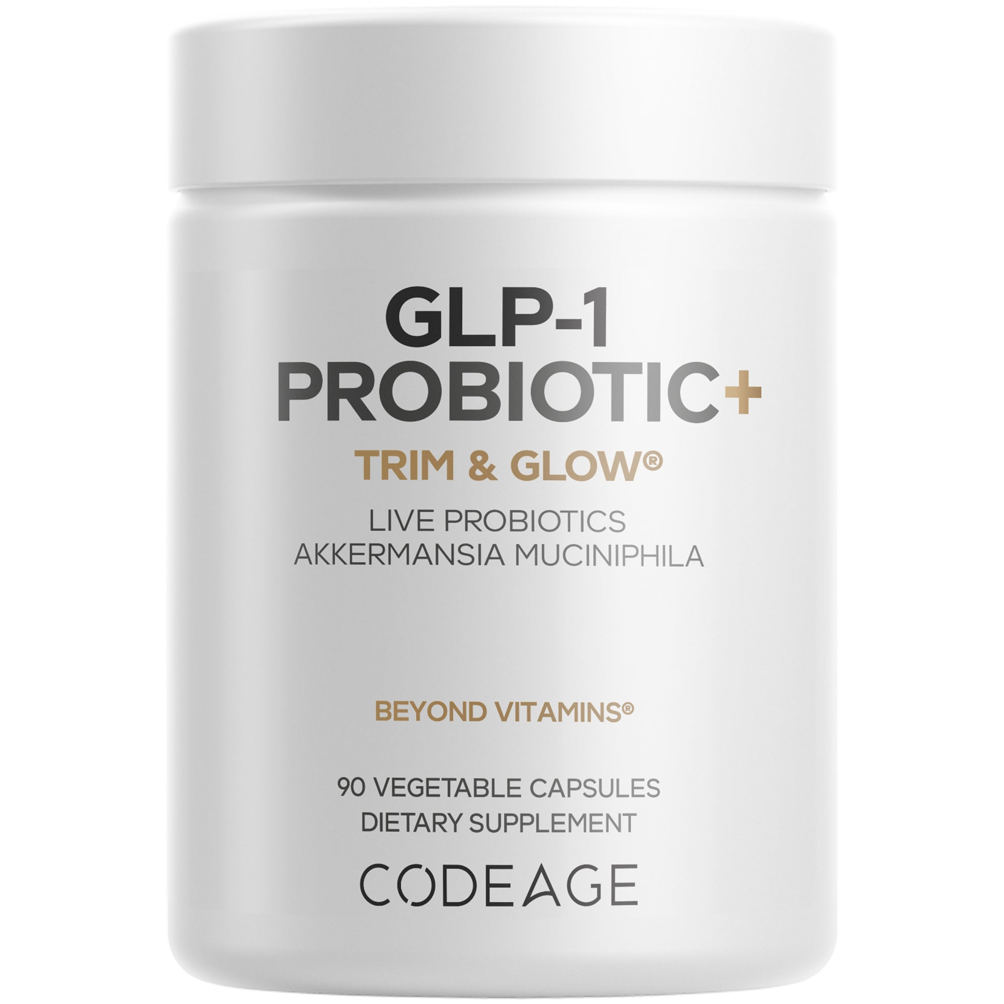A white container labeled "GLP-1 Probiotic+ Trim & Glow" holds 90 vegetable capsules, featuring text about live probiotics and dietary supplements from the brand Codeage.