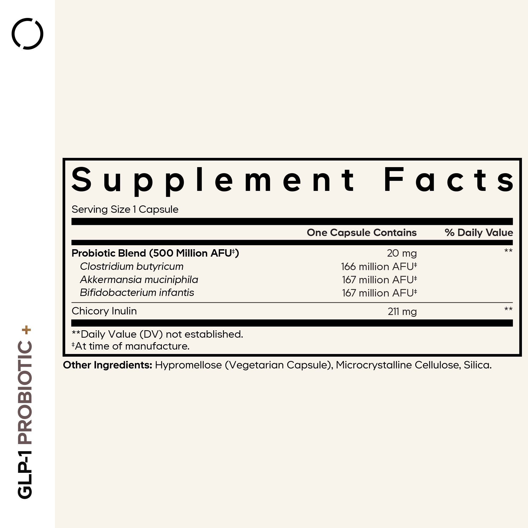 Supplement facts label for a probiotic capsule, detailing ingredients like Clostridium butyricum and Akkermansia muciniphila, along with serving size and daily value information.