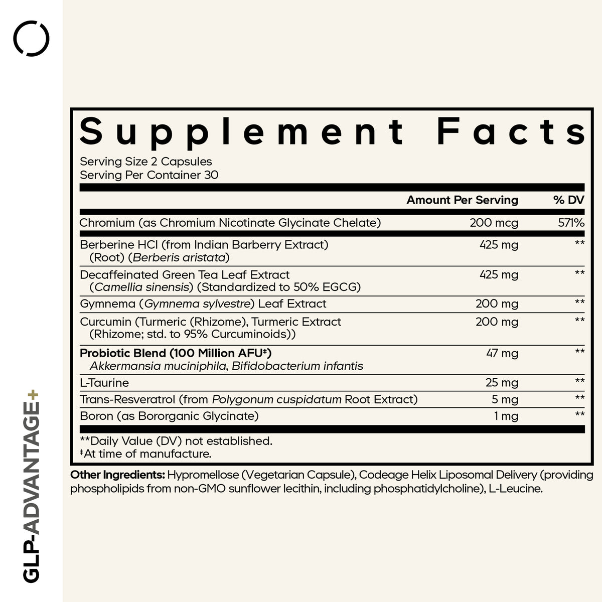 A supplement facts label lists ingredients and their amounts per serving for a dietary supplement, including chromium, berberine, green tea extract, and probiotics, with serving size and daily value information.