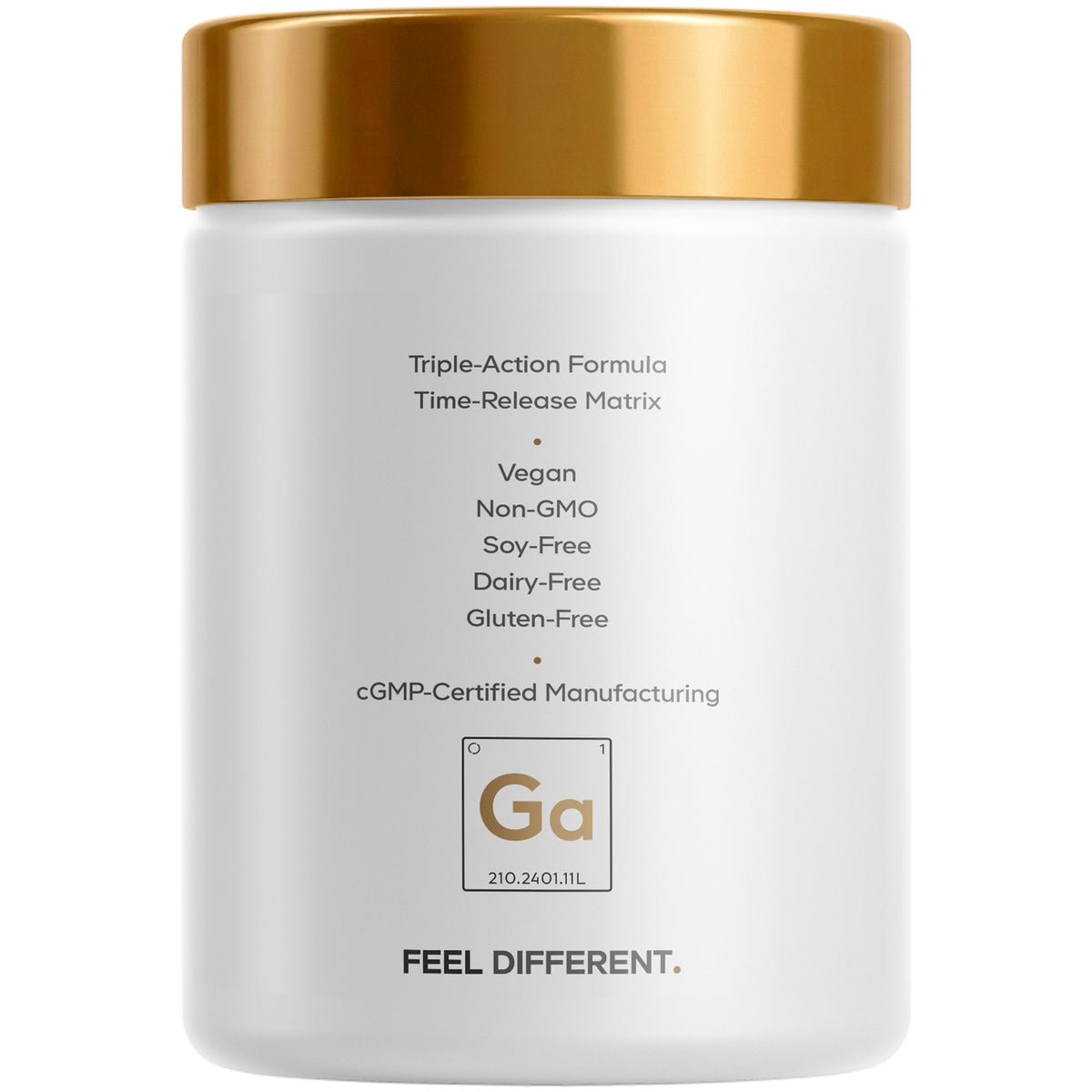 A white container with a gold lid displays product details, including "Triple-Action Formula" and "Time-Release Matrix," highlighting its vegan, non-GMO, and gluten-free attributes.