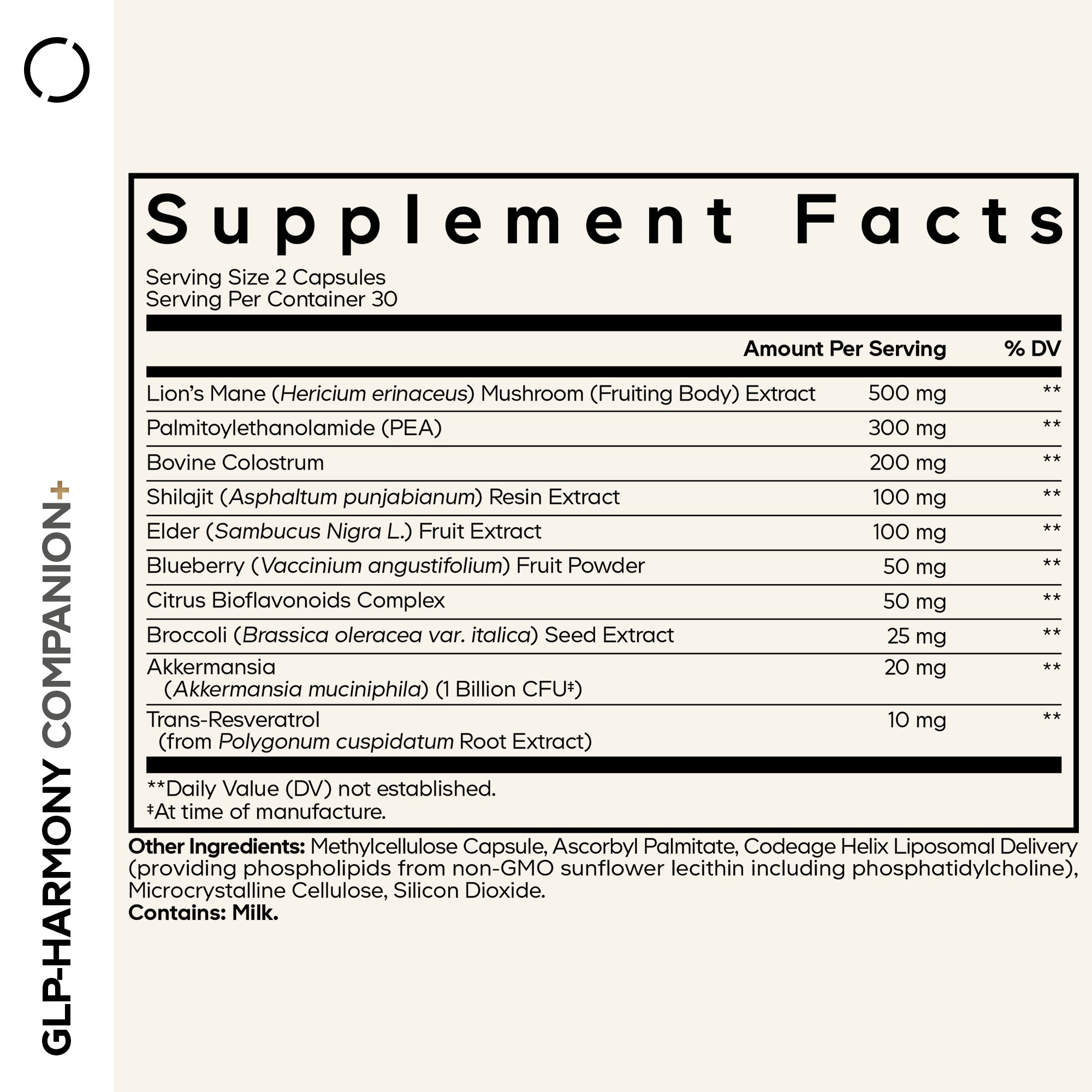 A supplement facts label lists ingredients and their amounts per serving, including Lion's Mane mushroom, Palmitoylethanolamide, and various fruit extracts, with additional details about other ingredients and manufacturing.
