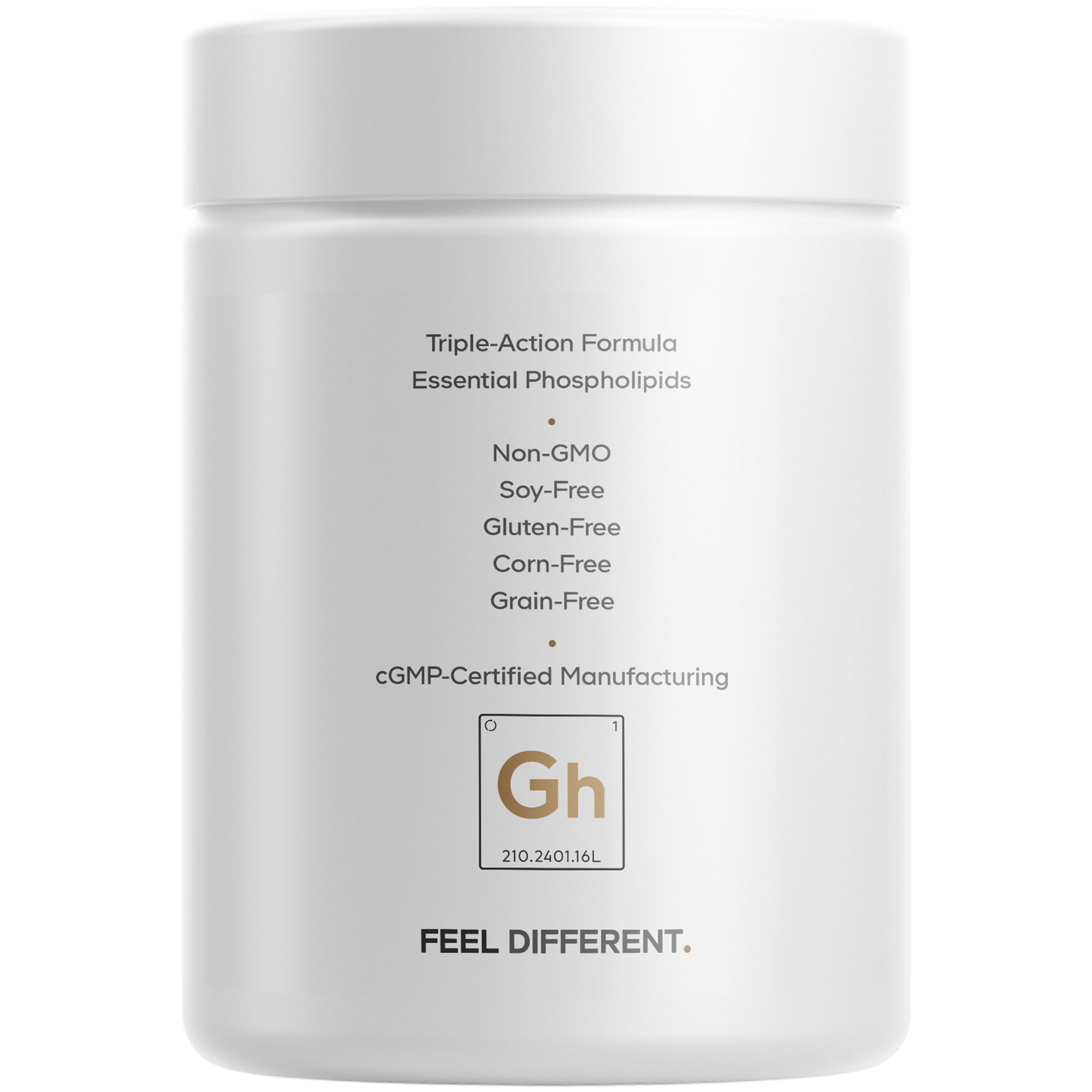 A white container labeled "Triple-Action Formula Essential Phospholipids" lists dietary features like non-GMO, soy-free, and gluten-free, with a "Feel Different" tagline at the bottom.