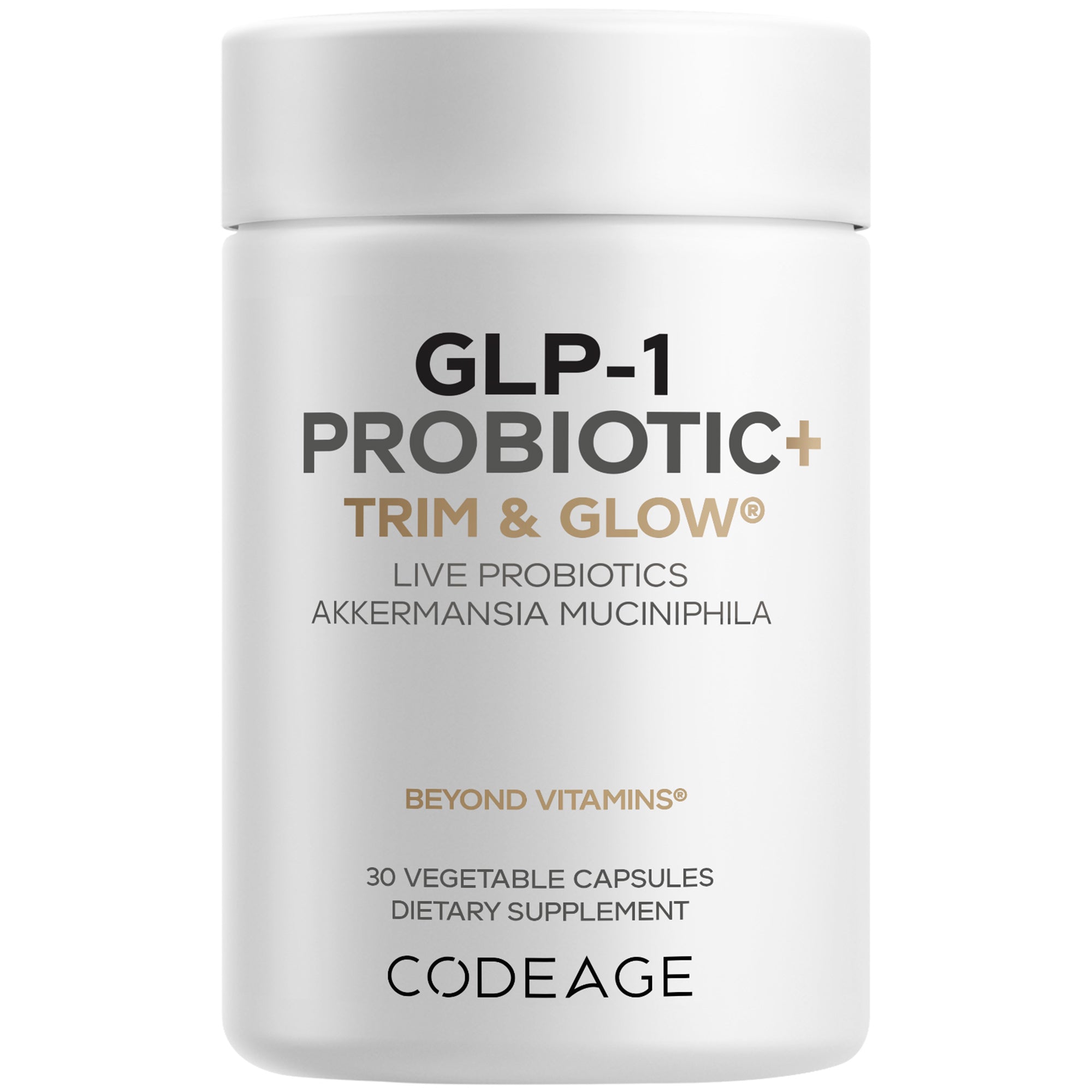 A white container labeled "GLP-1 PROBIOTIC+ TRIM & GLOW" holds 30 vegetable capsules, promoting live probiotics for dietary support.