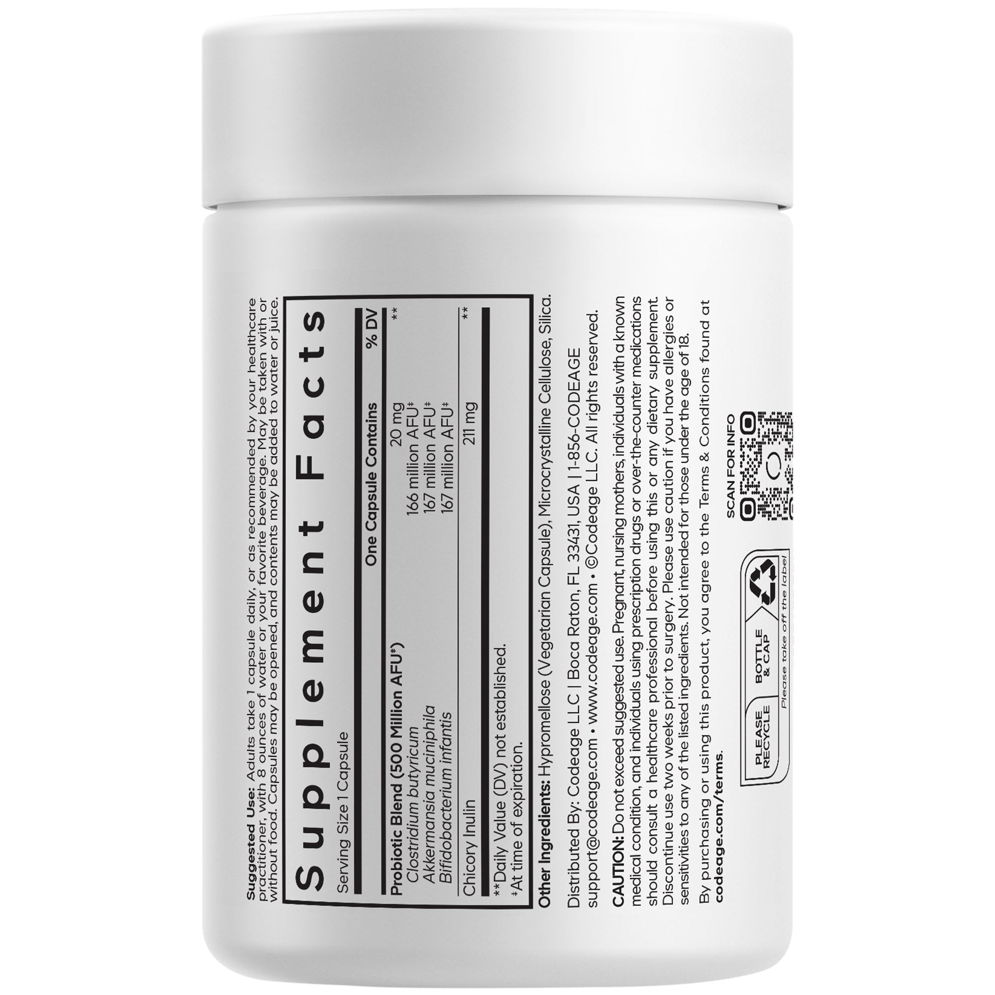 A white supplement bottle displays the nutrition label, detailing ingredients and serving size, with a QR code and recycling symbol on the side.