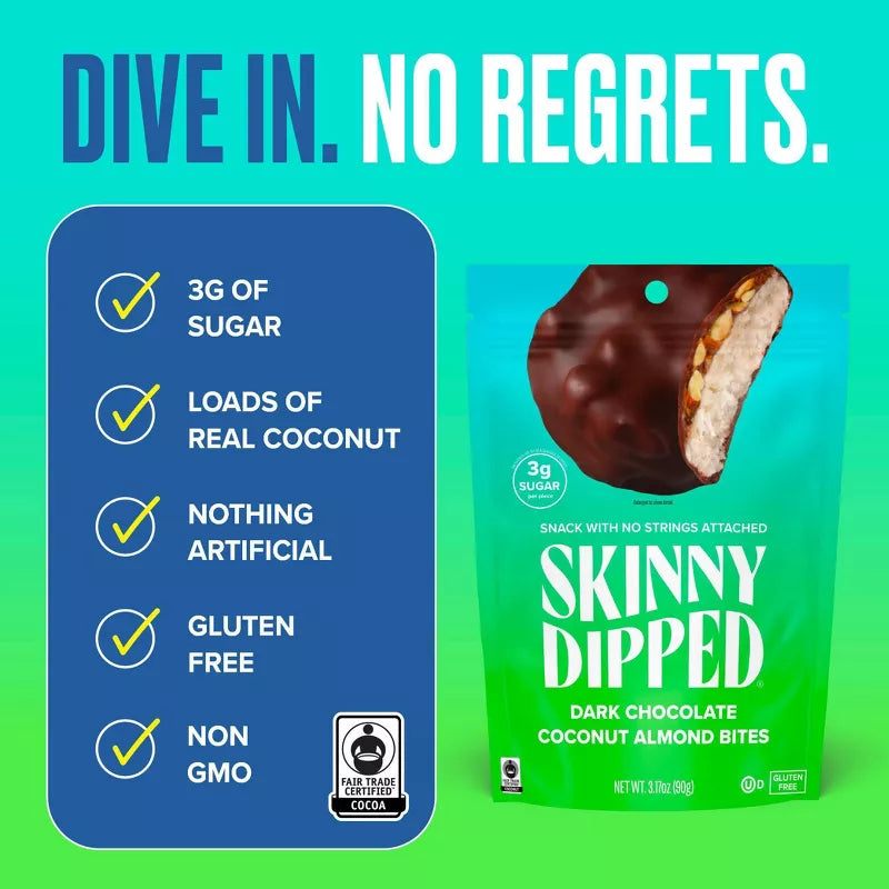 A bright green background features a package of Skinny Dipped Dark Chocolate Coconut Almond Bites, highlighting their low sugar content and gluten-free, non-GMO ingredients with checkmarks for key benefits.