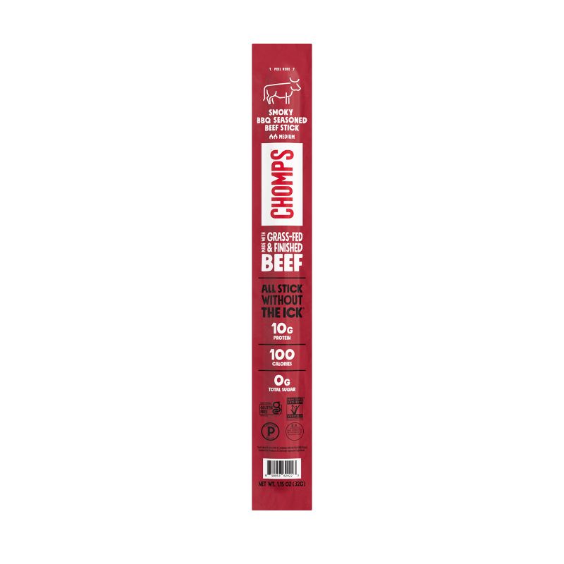 A red package of Chomps Smoky BBQ Seasoned Beef Stick prominently displays information about being made from grass-fed beef, containing 10g of protein, 100 calories, and no sugar.