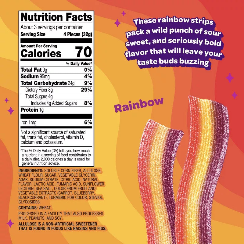 Colorful rainbow candy strips are displayed against a vibrant background, with nutrition facts and a description highlighting their bold sour-sweet flavor and fun eating experience.