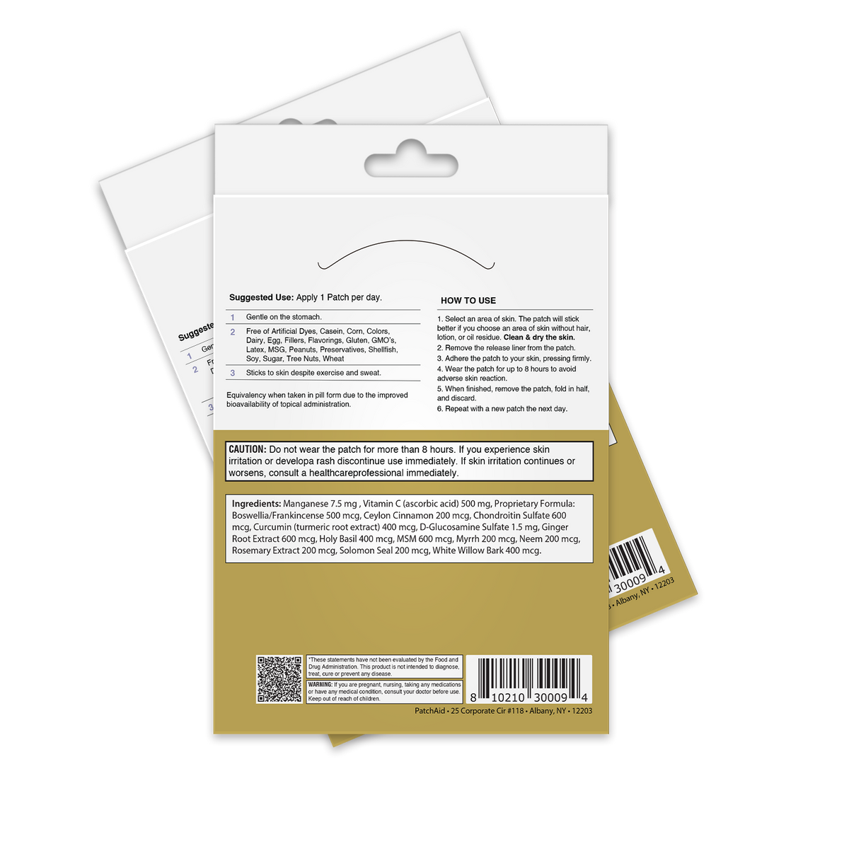 A product packaging back shows instructions and ingredients for a skin patch, with details on usage, cautions, and a barcode, set against a neutral background.