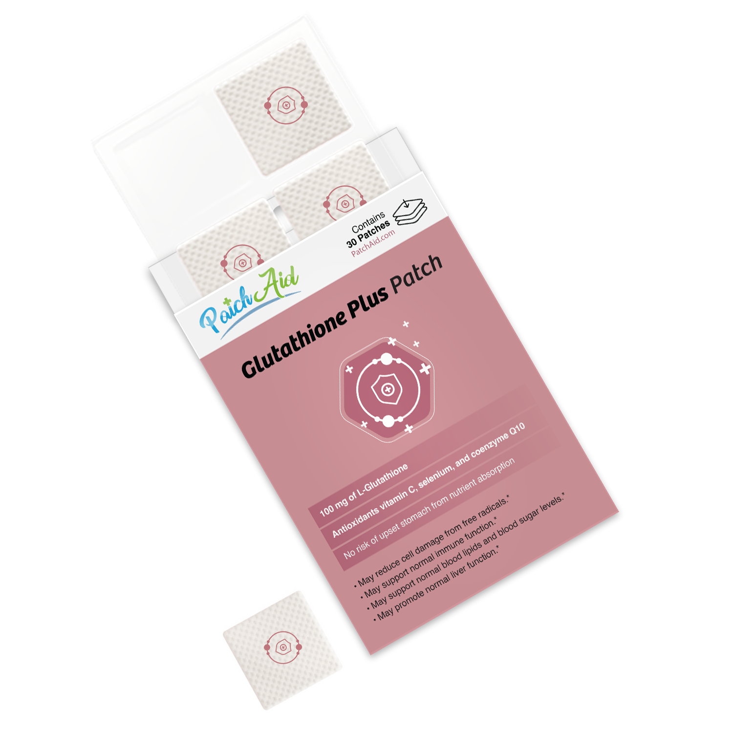 A box of Glutathione Plus patches is displayed, showing three patches inside with a pink background, highlighting their antioxidant benefits and containing 30 patches per box.