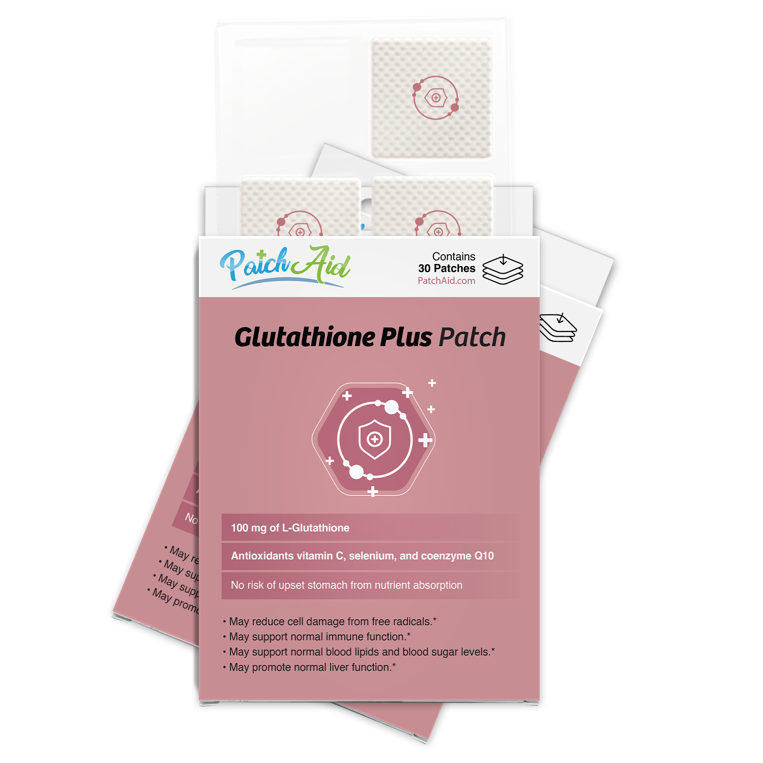 A box of Glutathione Plus patches from PatchAid displays the product name and benefits, with several patches visible inside the packaging, set against a plain background.