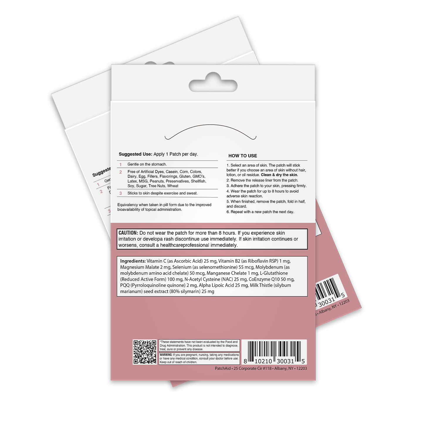 A collection of product packaging for a skincare patch, featuring usage instructions, ingredient details, and cautionary notes, displayed against a plain background.