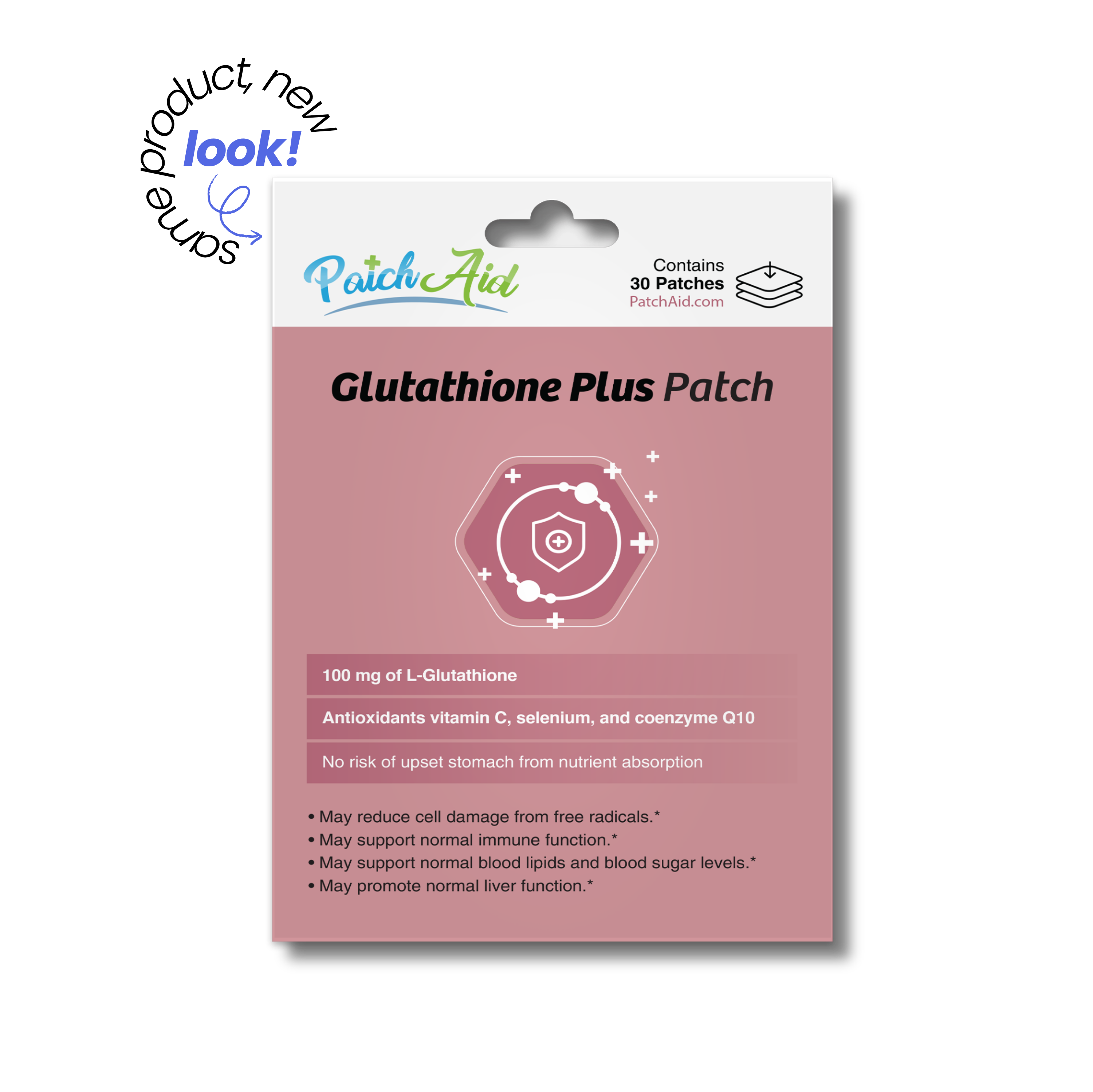 PatchAid Glutathione Plus Patches with 100 mg of L-glutathione, vitamin C, selenium and coenzyme Q10. Contains 30 patches.