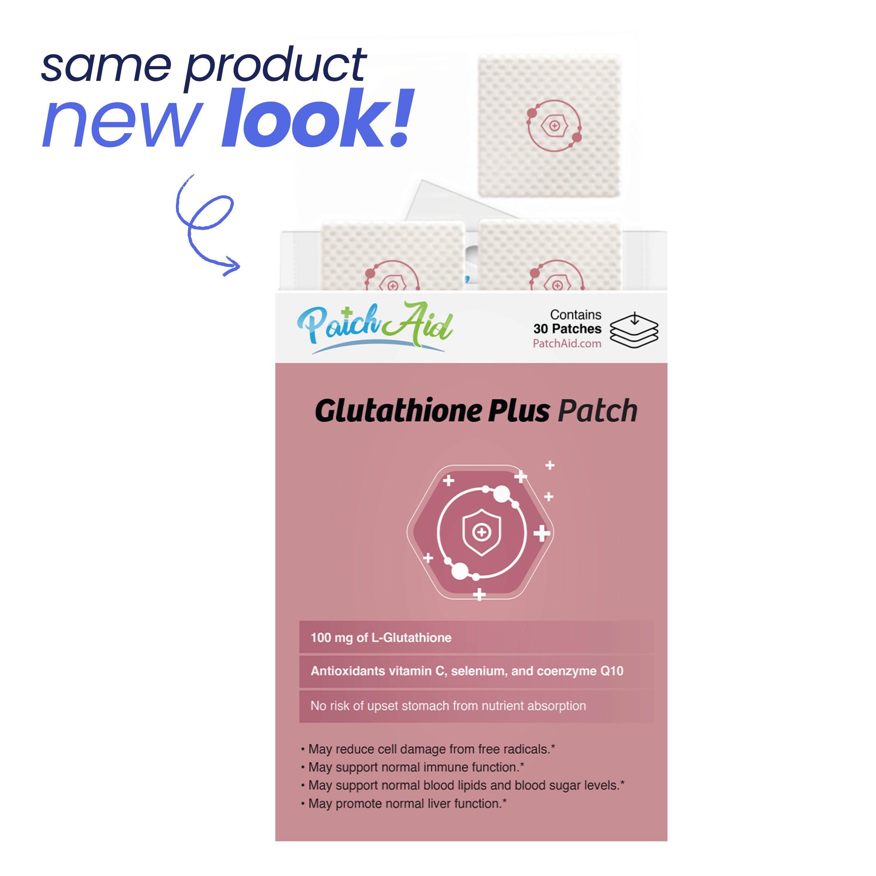 Packaging of Patch Aid Glutathione Plus Patch with branding with new vertical packaging. 