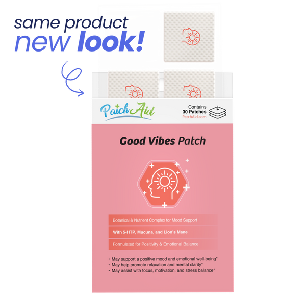 Packaging of 'Good Vibes Patch' with 'Patch Aid' - same product, new look.